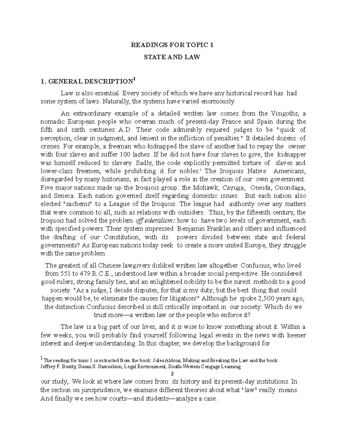 Introduction to Law - Topic 1 - READINGS FOR TOPIC 1 STATE AND LAW 1 ...