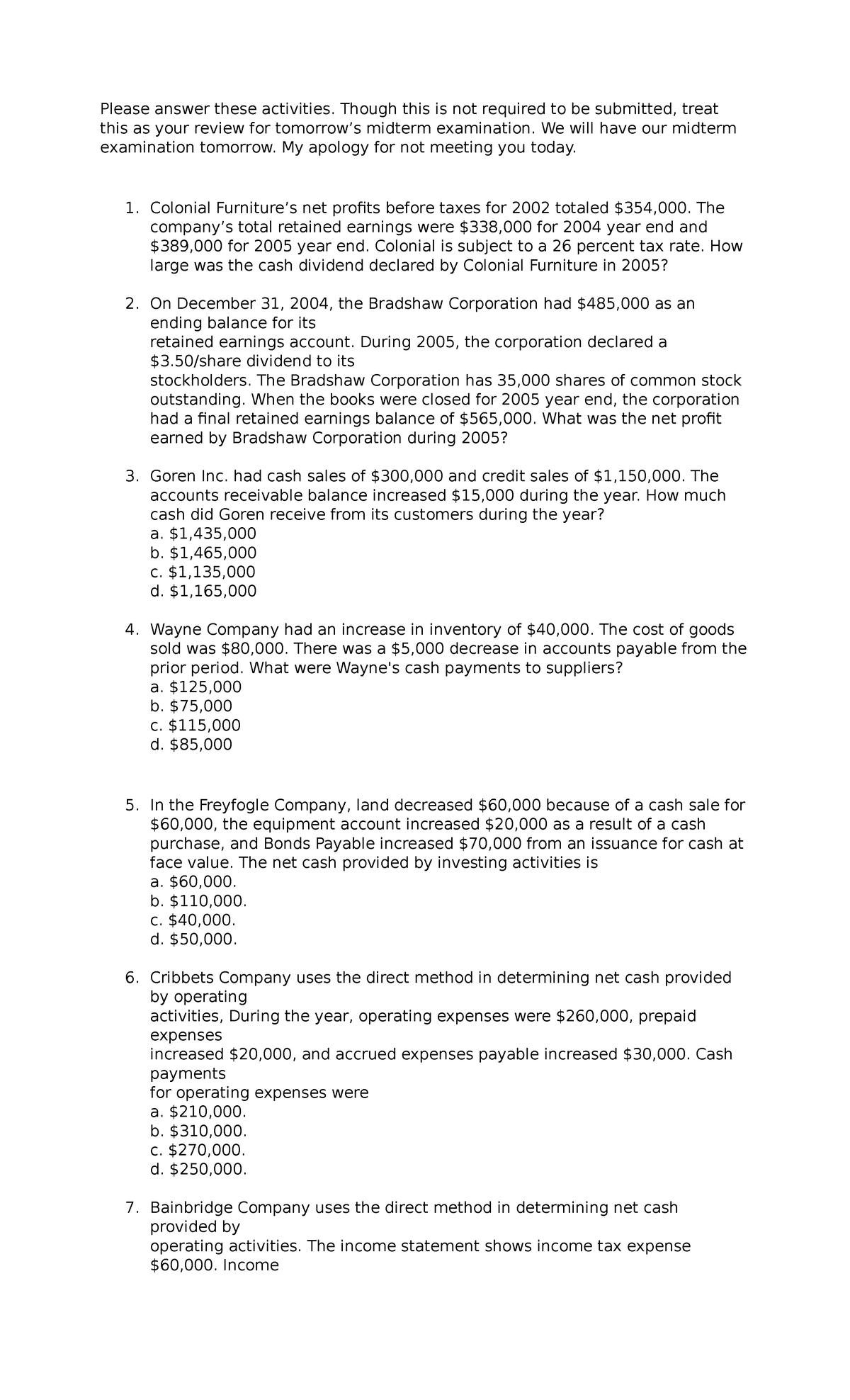FS Analysis: Cash Flow Review for Midterm Exam (Course Code: ACC101 ...