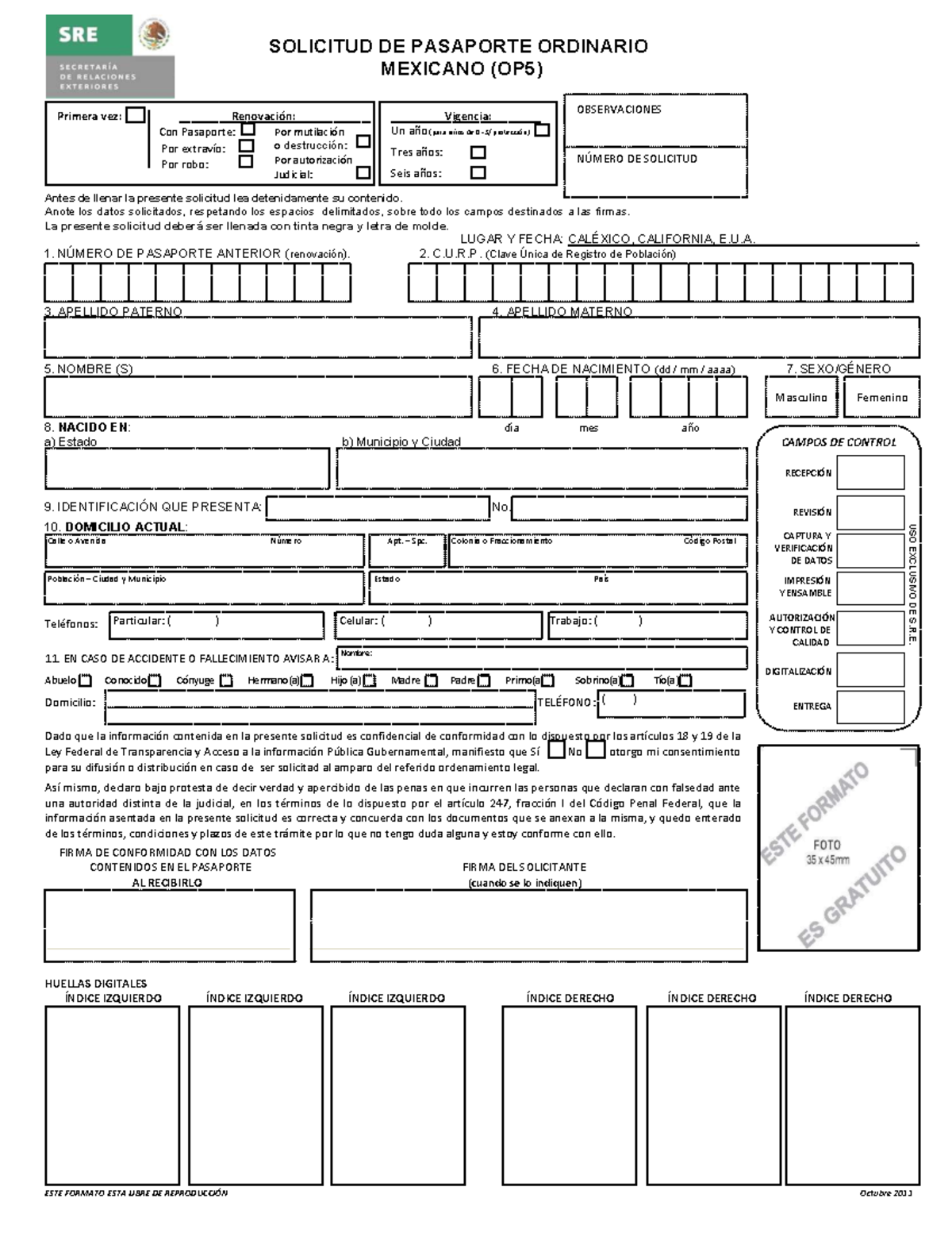Solicitud de Pasaporte Ordinario Mexicano (OP5) - Instrucciones y Datos ...