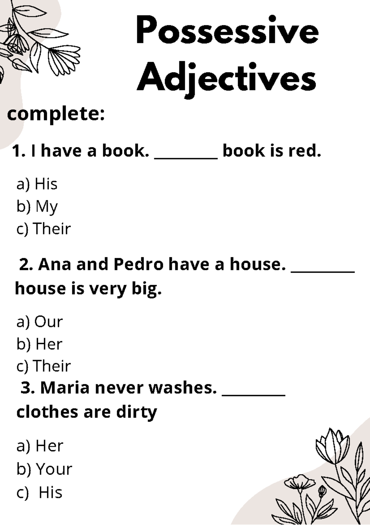 Possessive Adjectives Practice Exercises for ESL Learners - Studocu