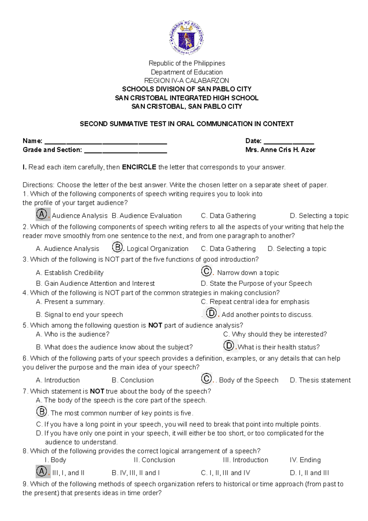 2nd Summative Test in Oral Communication 2021-2022 - Studocu