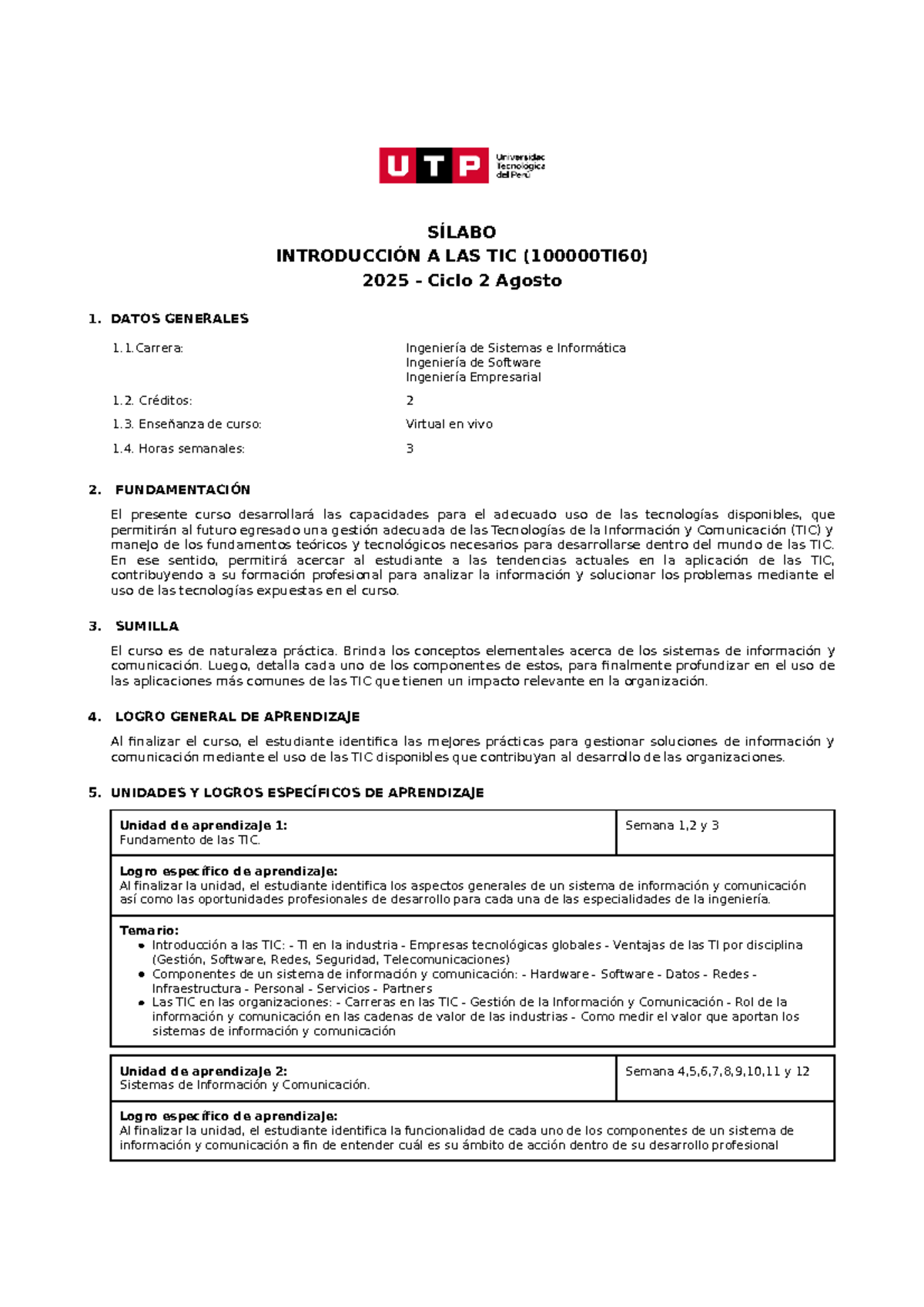 Sílabo de Introducción a las TIC 2025 - Ciclo 2 (Agosto) - Document Preview