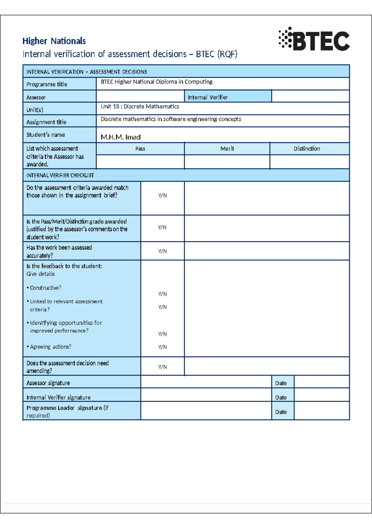 Discrete Mathematics - H. Imad List which assessment criteria the ...