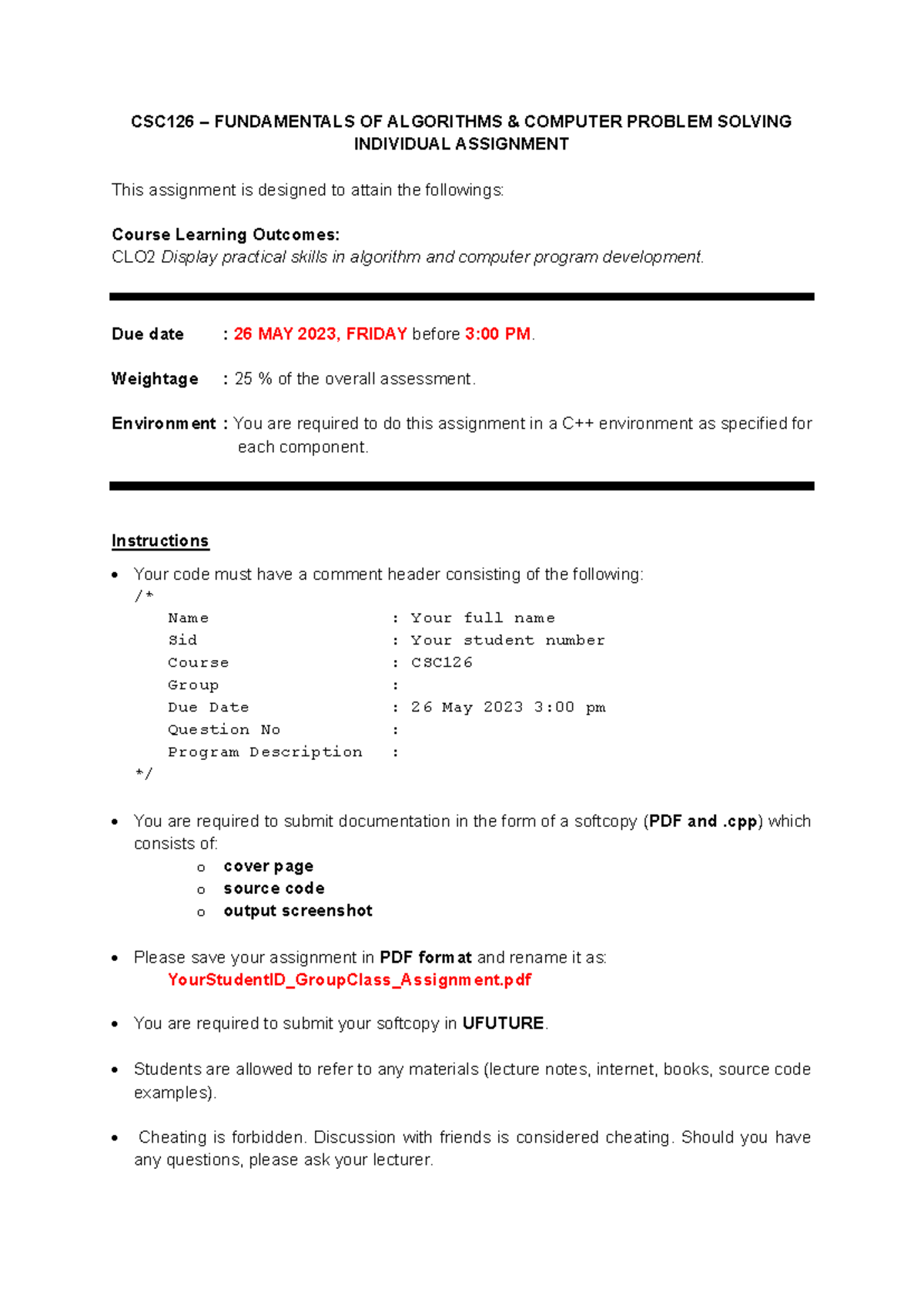 CSC126 Individual Assignment 20232: Algorithm Development Tasks - Studocu