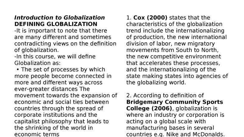 Uts Globalization Lecture Notes On Defining Globalization Studocu