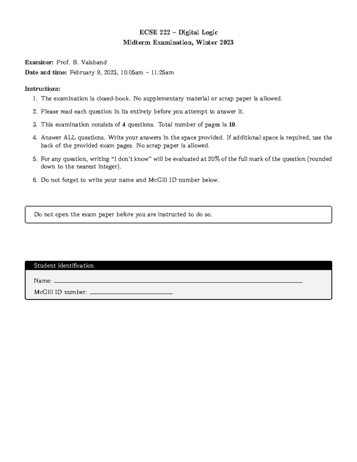 Midterm 1 Solutions for ECSE 222 – Digital Logic (Winter 2023) - Studocu