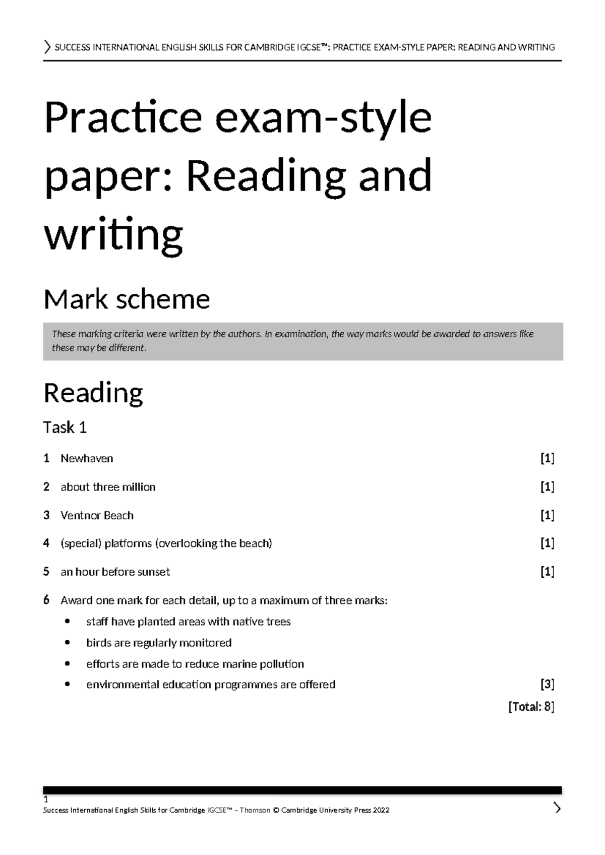 Igcse Success 5th Edition Practice Exam: Reading & Writing Mark Scheme ...