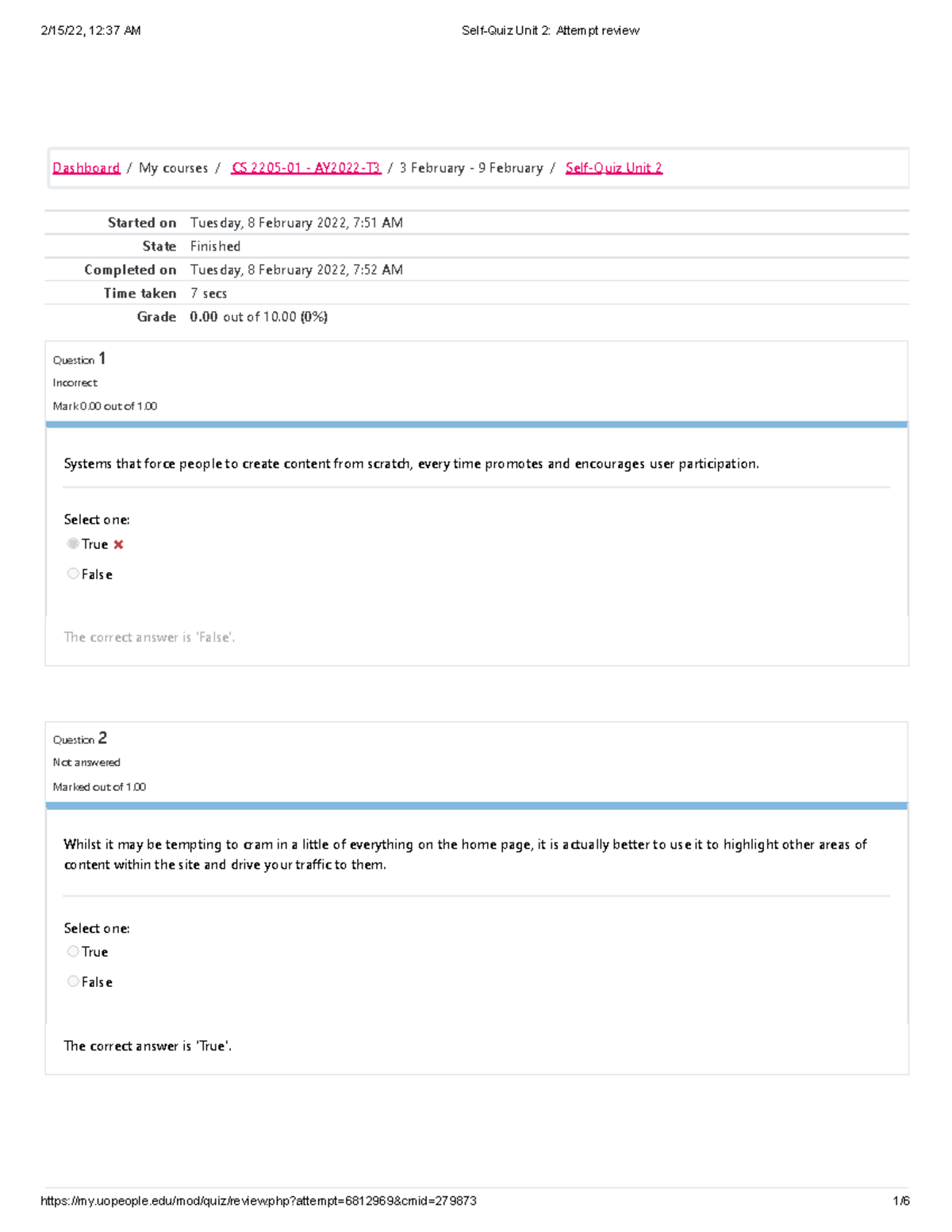 CS 2205-01 Self-Quiz Unit 2 Attempt Review & Insights - Studocu