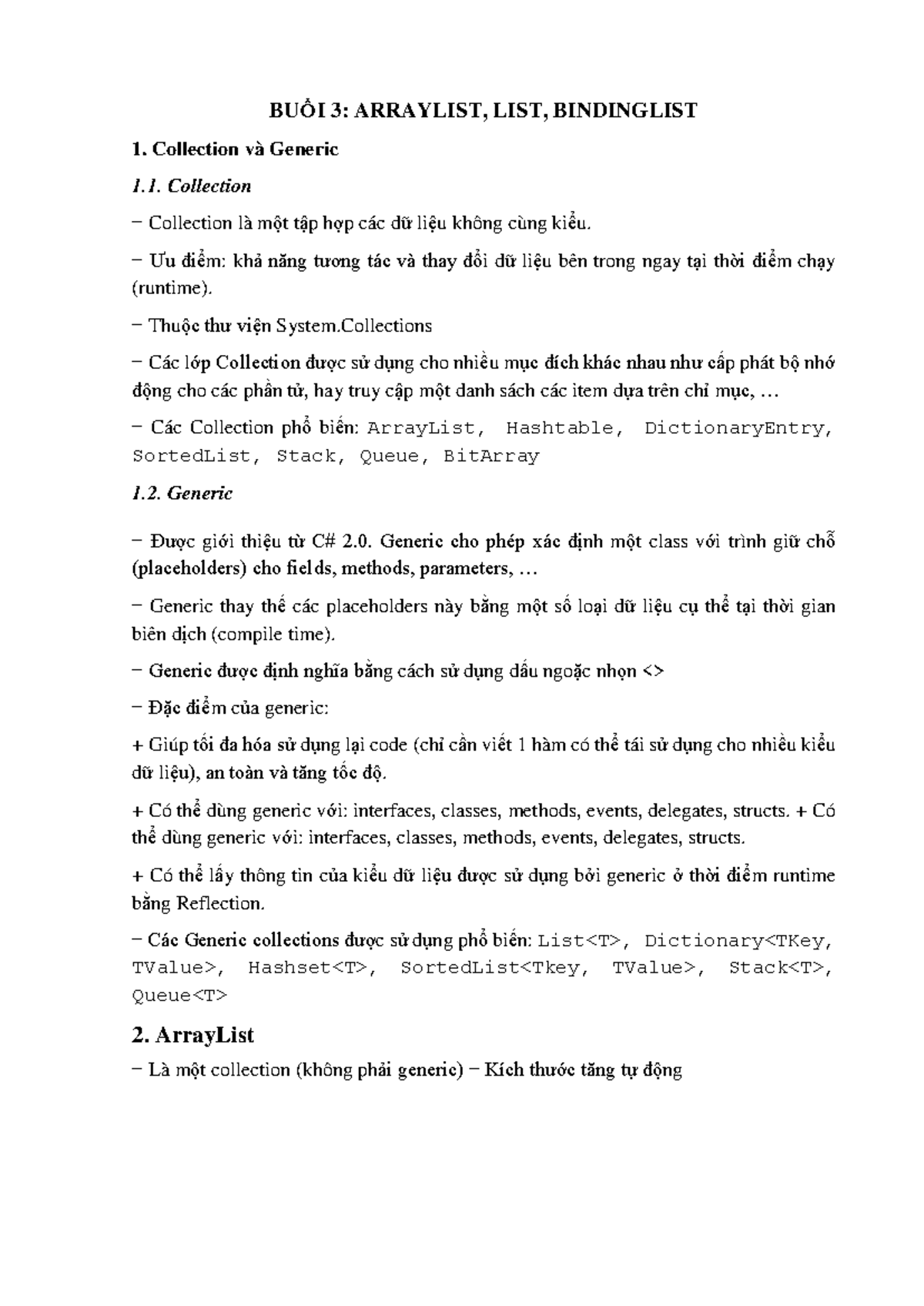 CTDL THB3 - Tài liệu về ArrayList, Collection và BindingList - Studocu