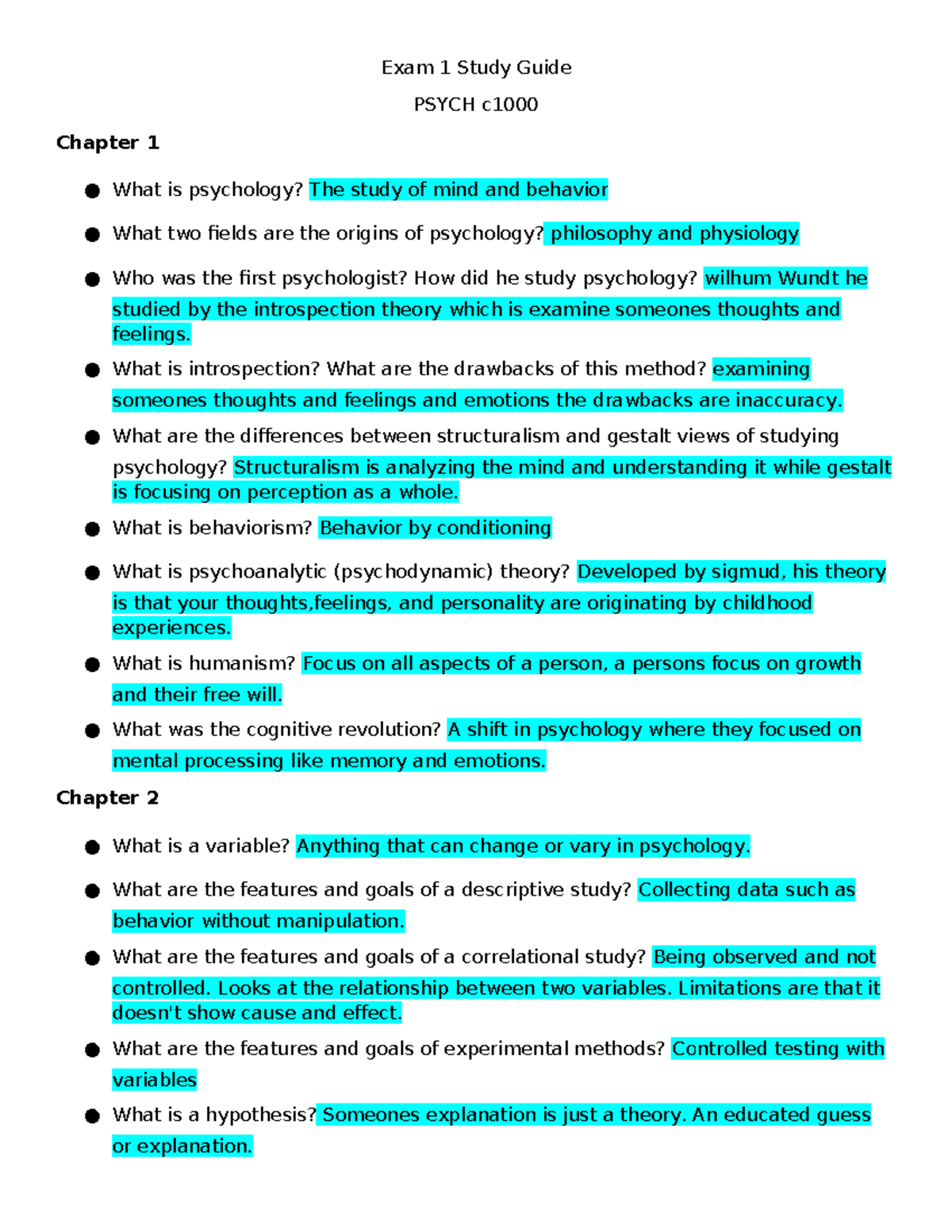 Exam 1 Study Guide for Psychology PSYCH C1000: Key Concepts and ...