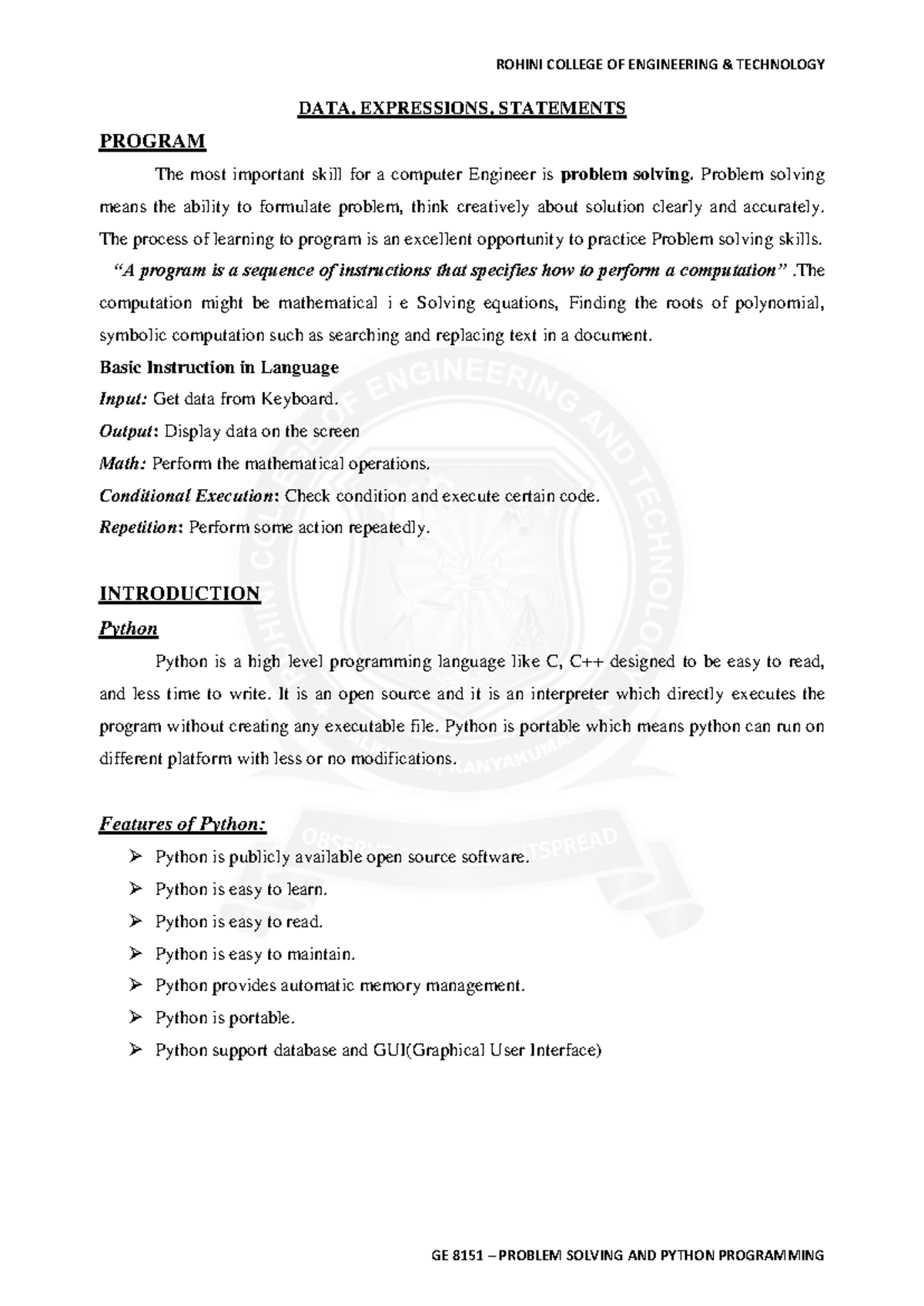 GE 8151 PROBLEM SOLVING AND PYTHON PROGRAMMING NOTES - Studocu