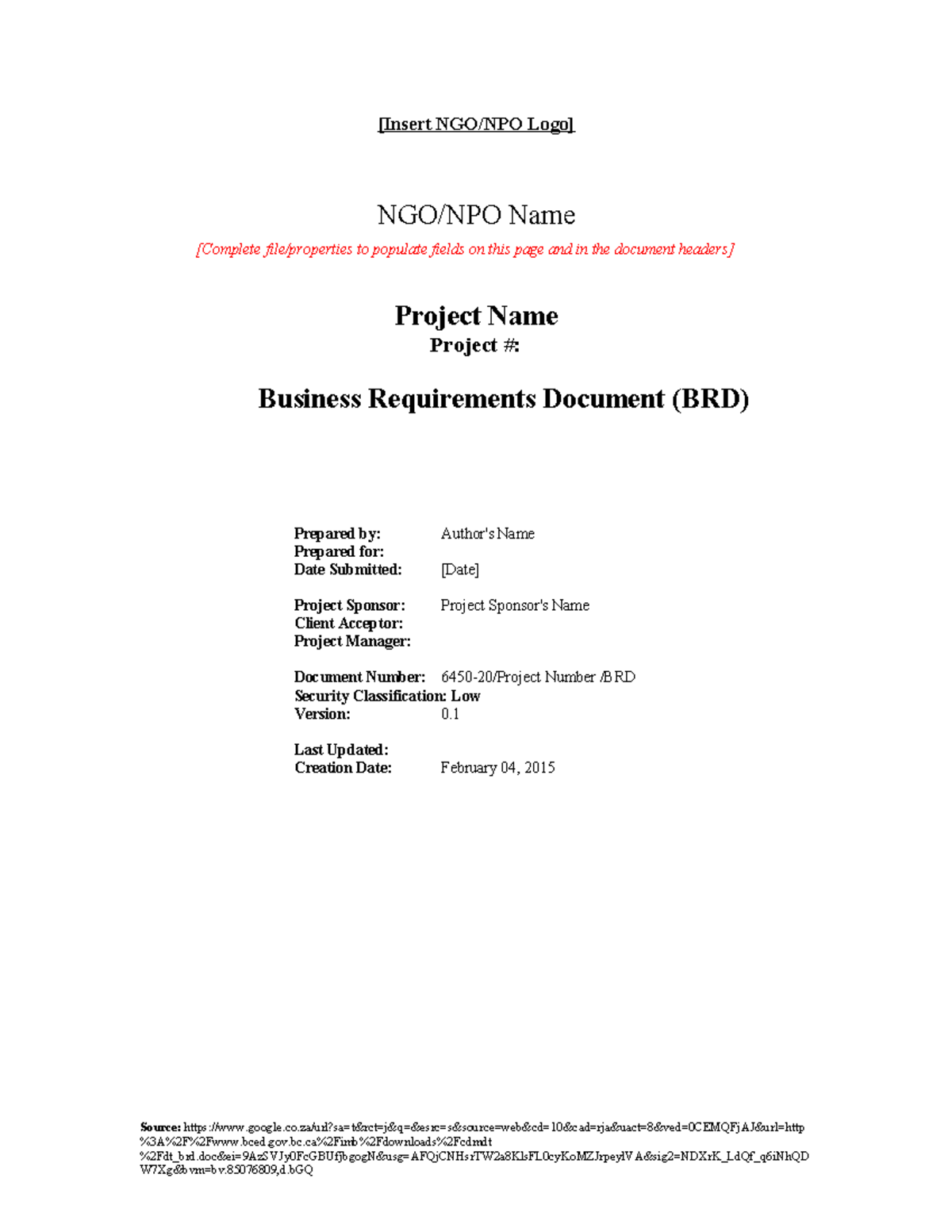 Business Requirements Document (BRD) Template for Project Deliverable 2 ...