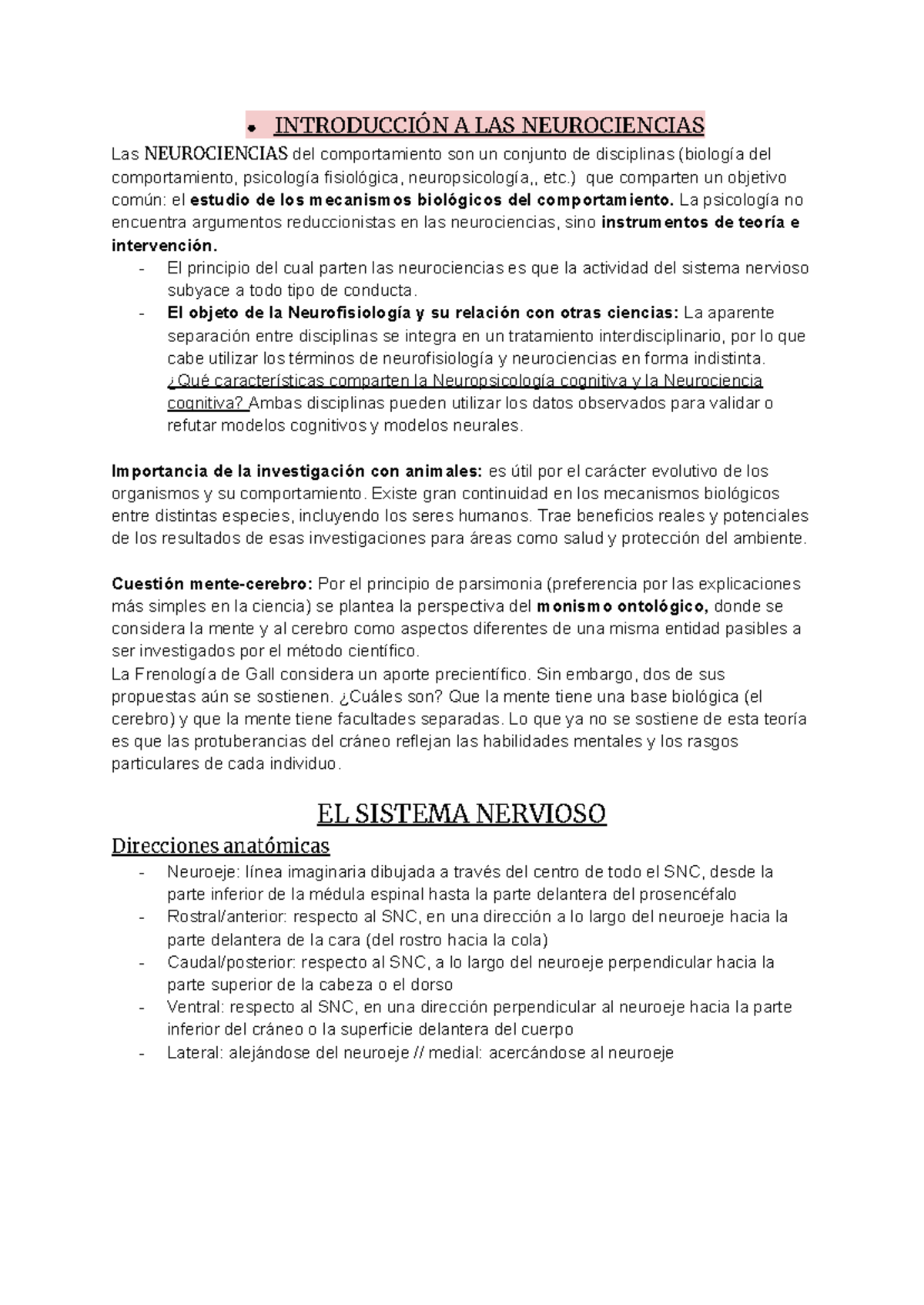 Neuro 1er Parcial: Introducción a las Neurociencias y Sistema Nervioso ...