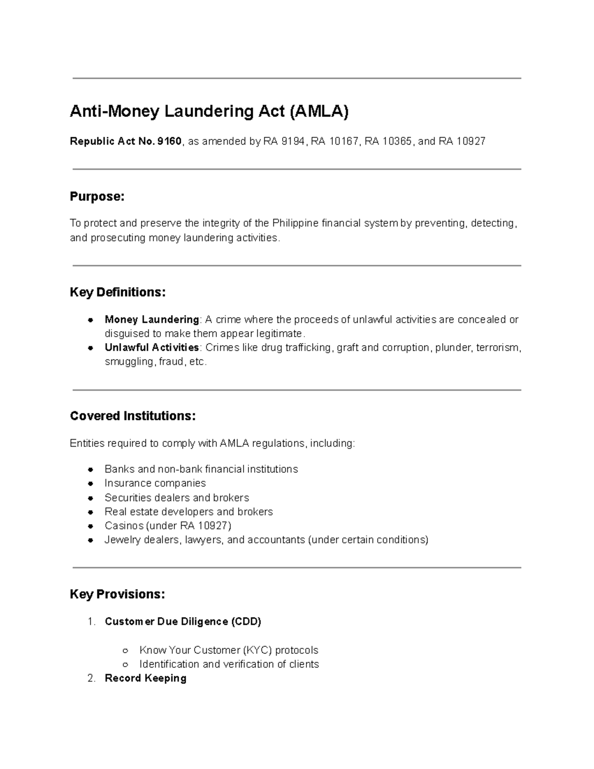 Anti-Money Laundering Act (AMLA) Overview and Key Provisions - Studocu