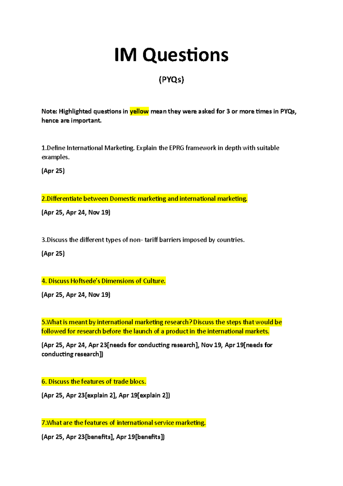 IM Questions (PYQs) - Key Topics in International Marketing - Studocu