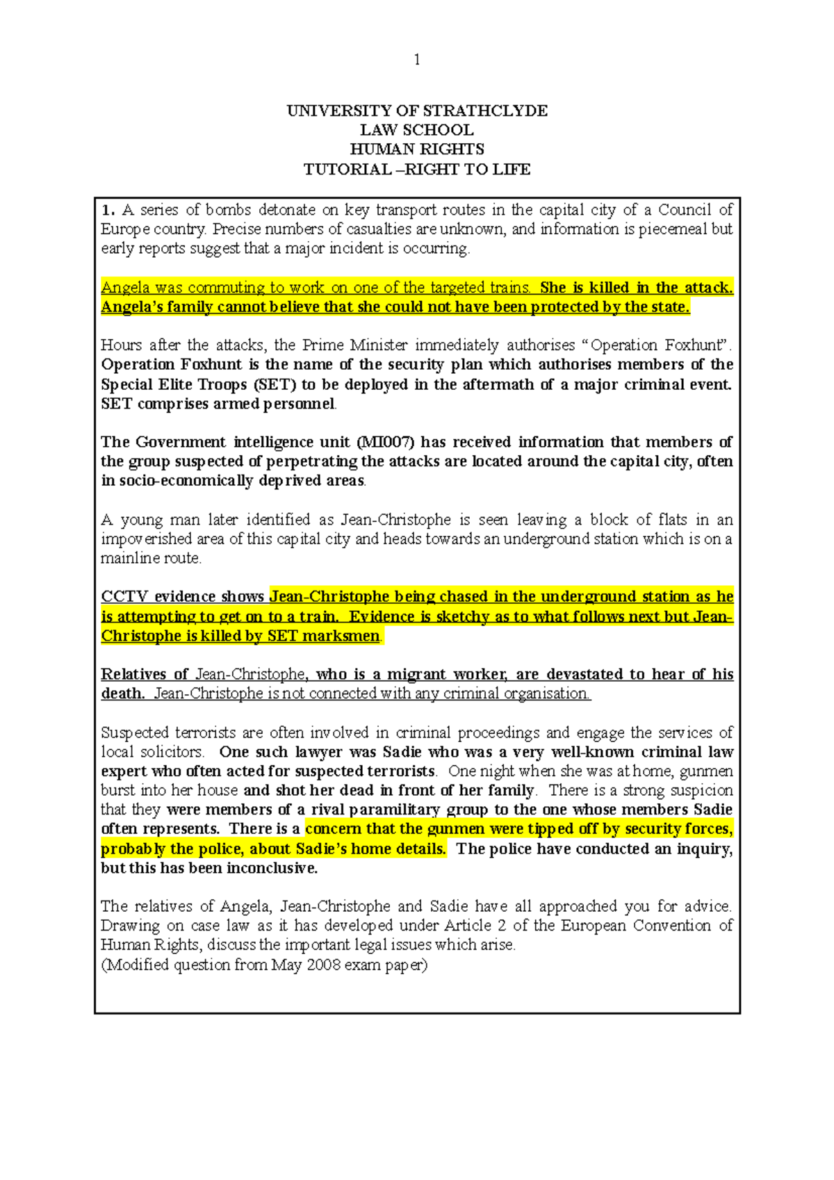 Tutorial 1 - Art 2 ECHR: Right to Life Case Analysis and Answers - Studocu