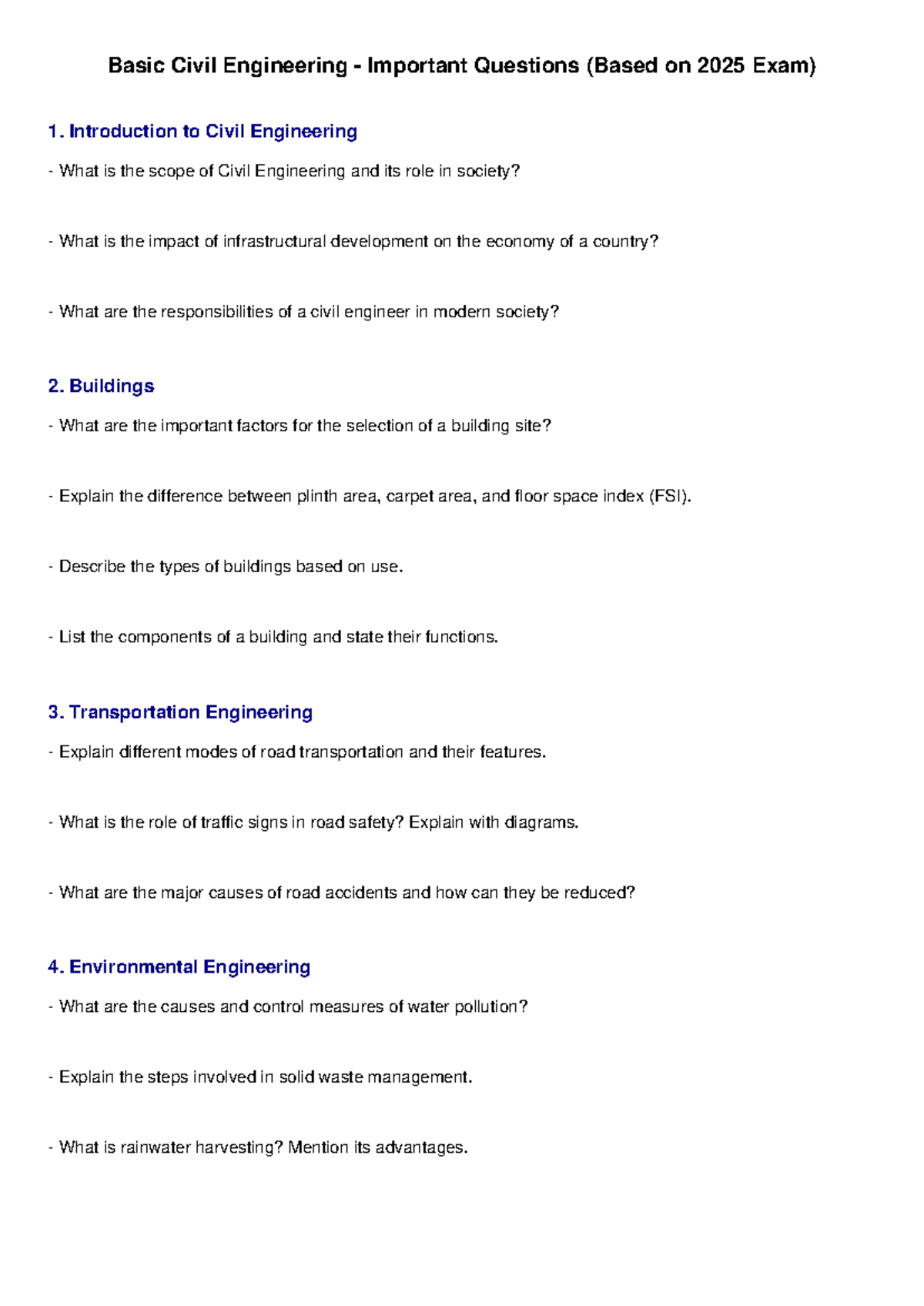 Civil Engineering Important Questions for 2025 Exam - Studocu