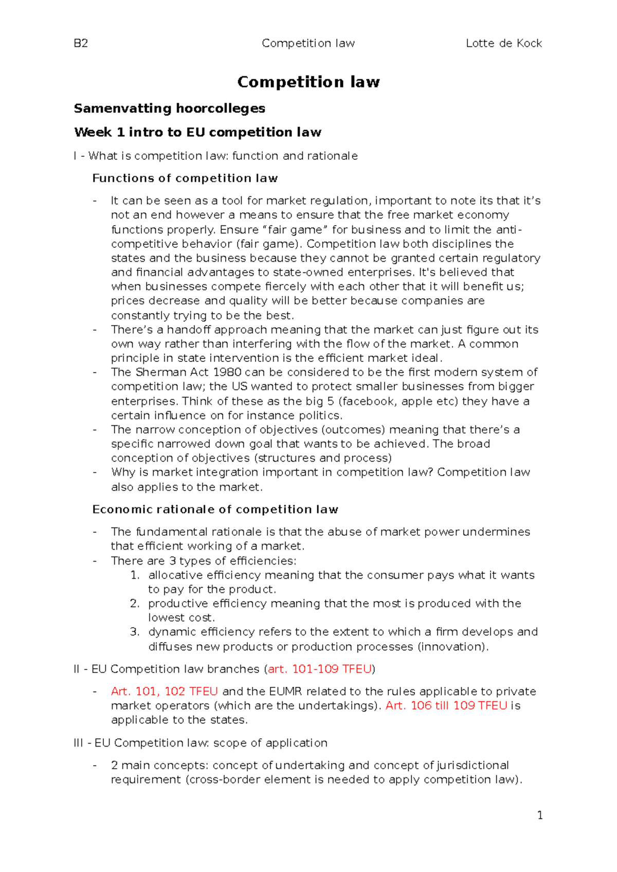 Competition Law HC - Lecture Notes Summary and Analysis - Studeersnel