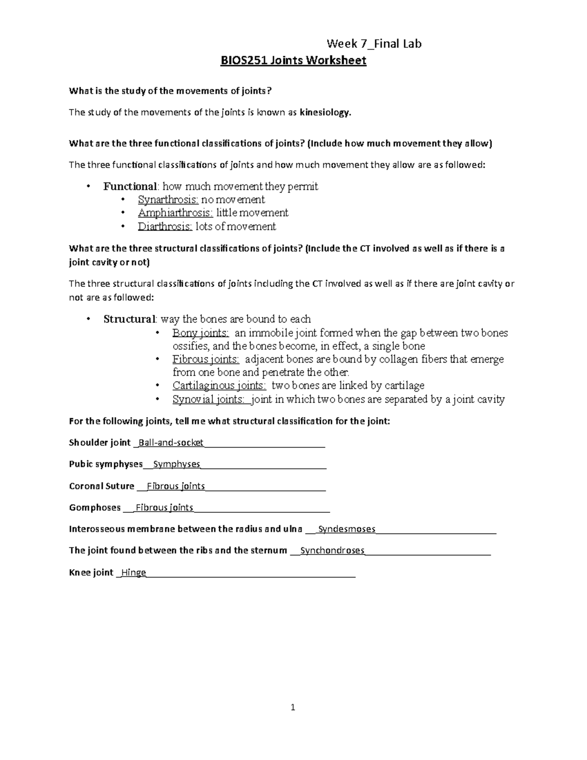 BIOS251 Week 7 Final Lab: Joints Worksheet Analysis - Studocu