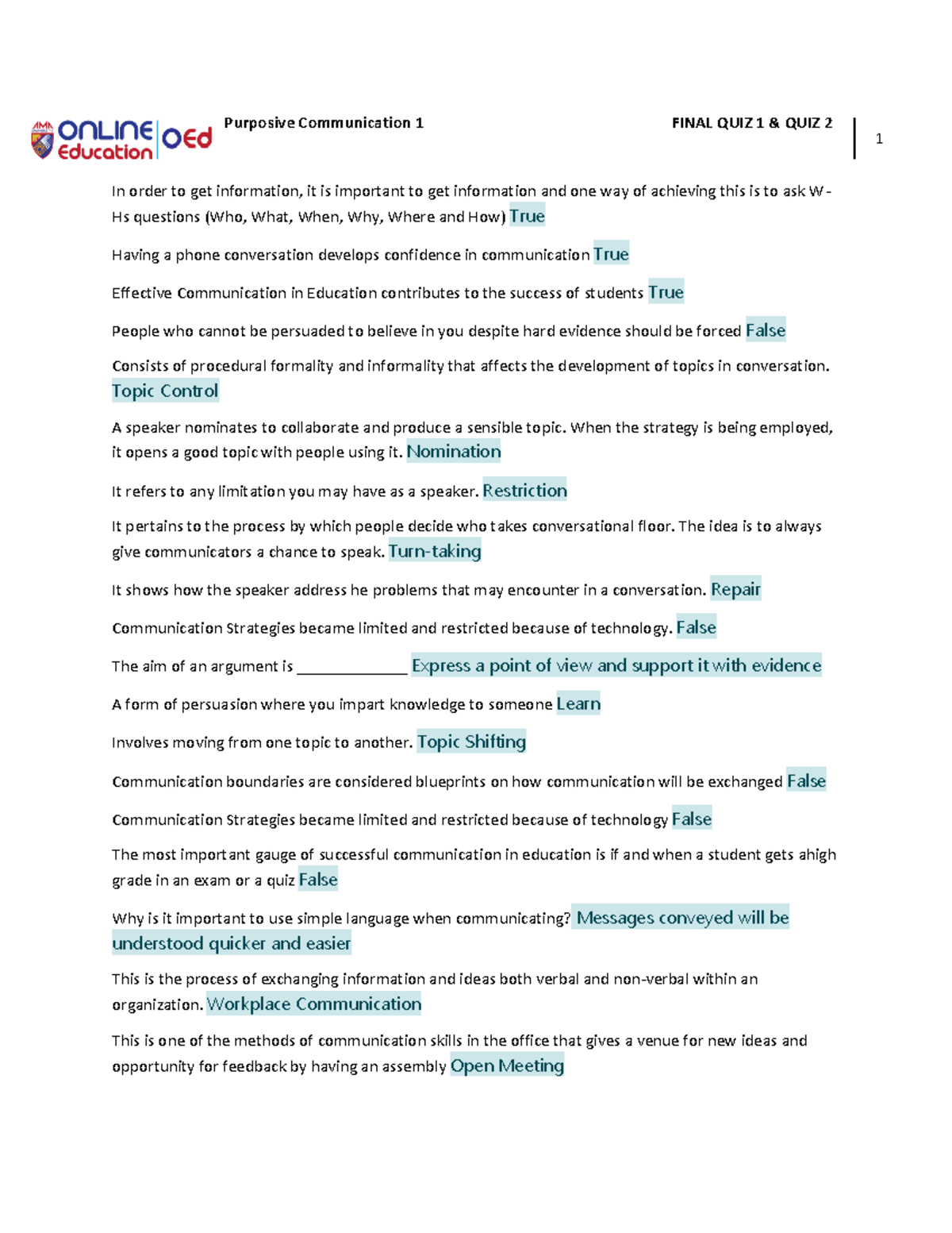 Purposive Communication 1 [Final Quiz 1 & Quiz 2] - AMA - Studocu
