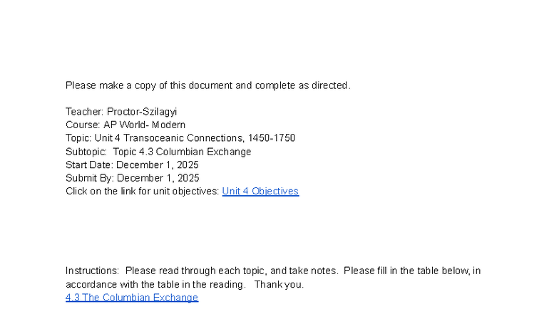 Copy of AP Modern Unit 4.3: The Columbian Exchange Notes - Studocu