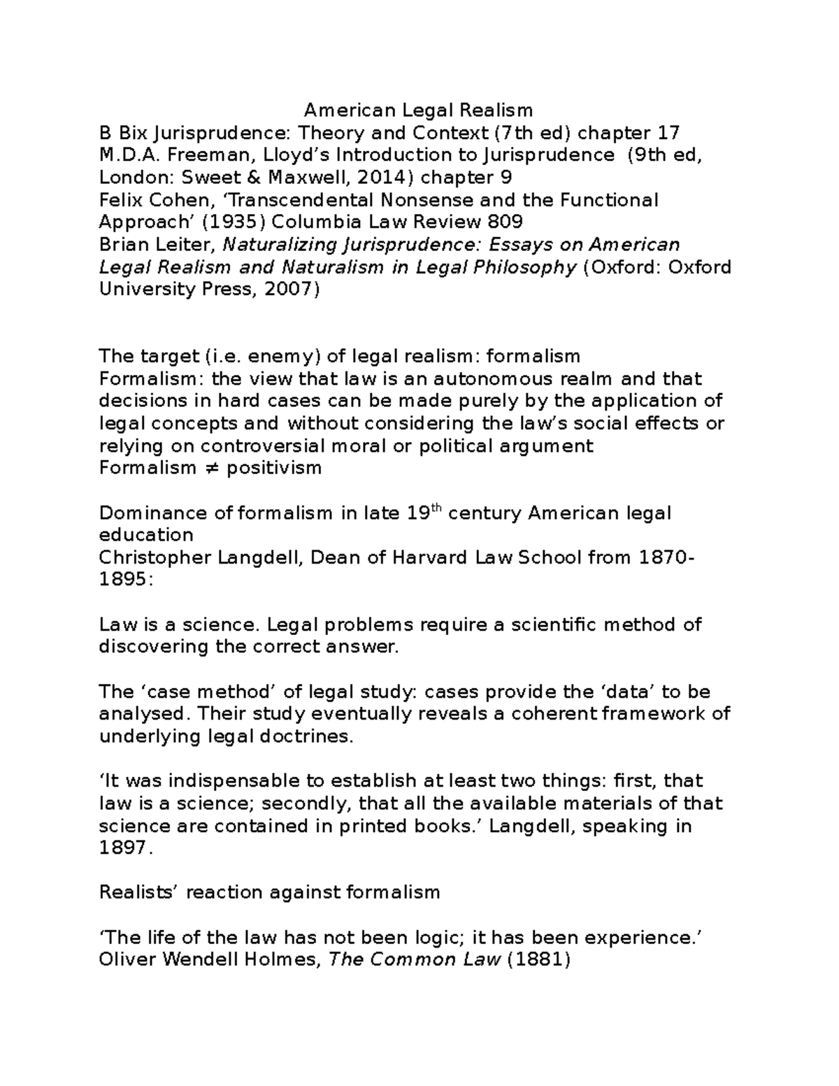 Legal Realism vs. Formalism: Insights from Jurisprudence (B Bix) - Studocu