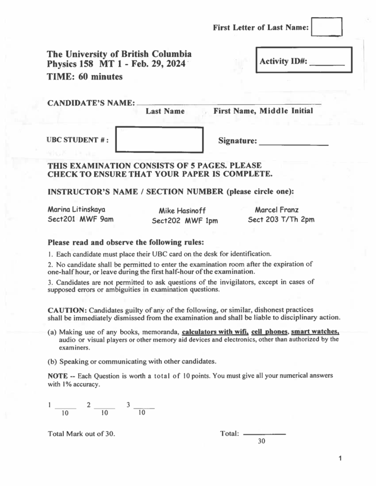 MT1-2024 Physics 158 Midterm Exam Study Guide - Studocu