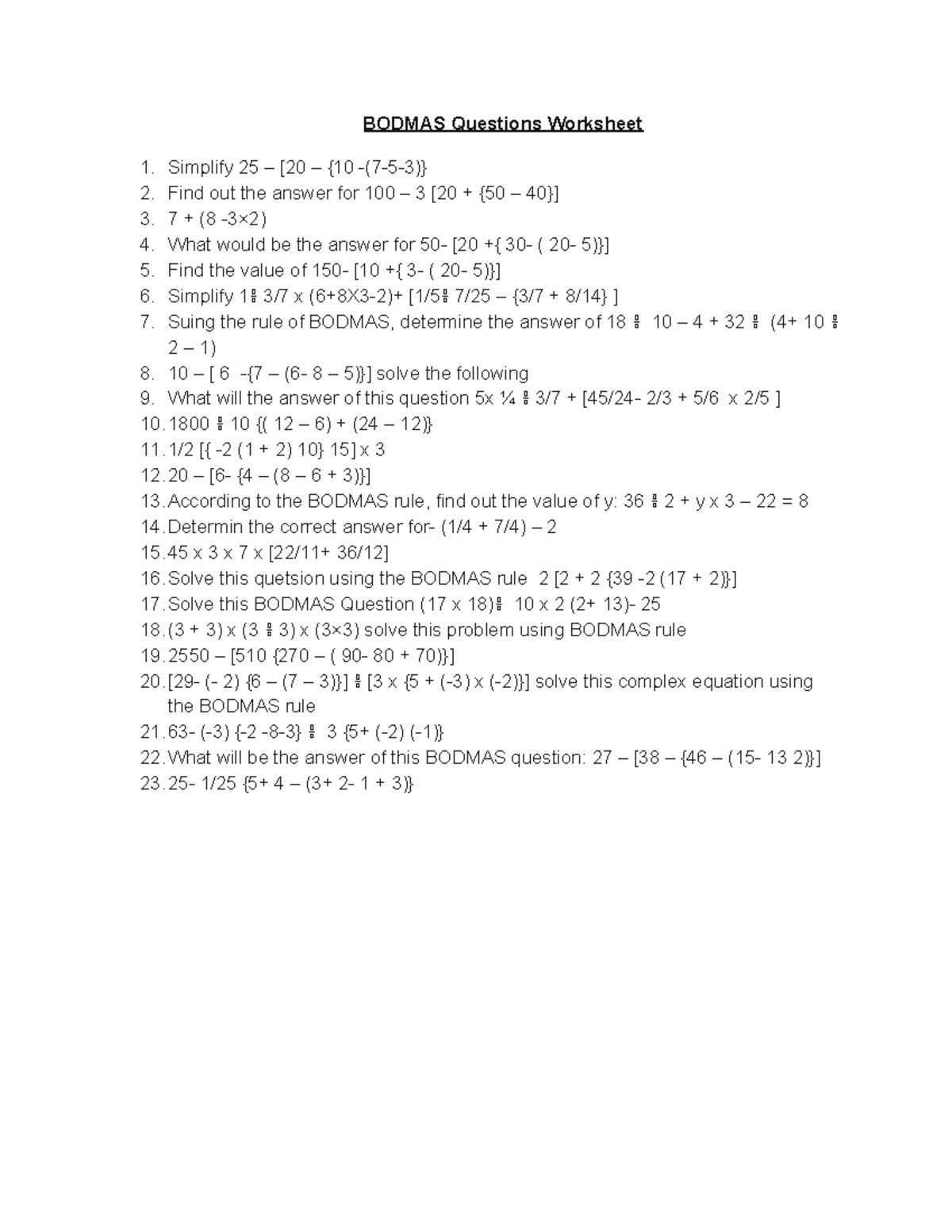 Bodmas-Questions-Worksheet - BODMAS Questions Worksheet Simplify 25 ...