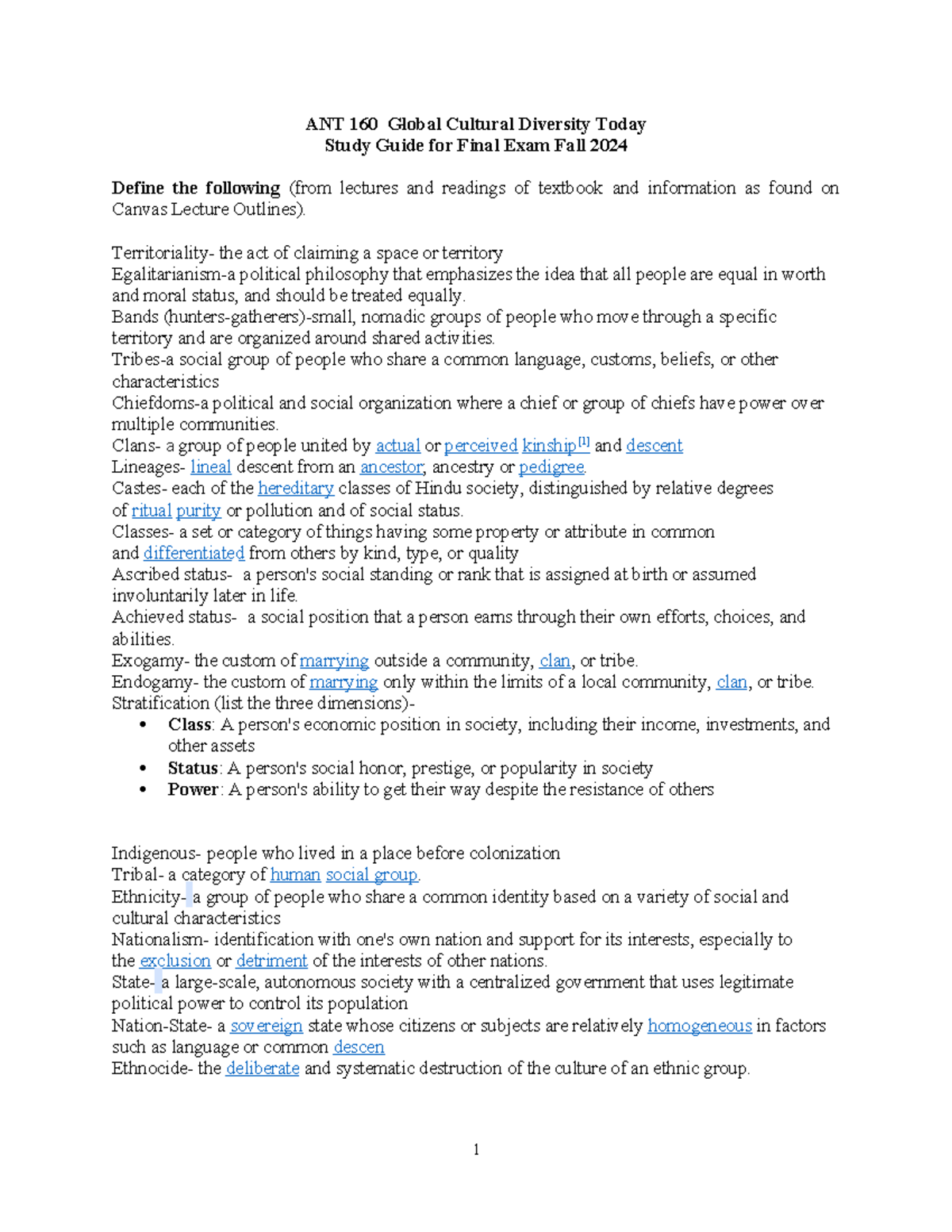 ANT 160 Study Guide: Global Cultural Diversity Final Exam Fall 2024 ...