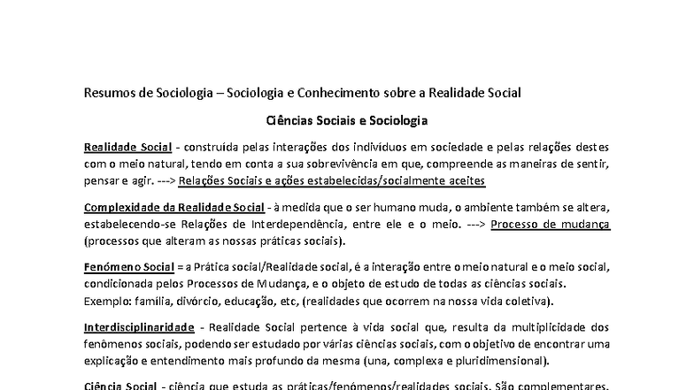 Resumos de Sociologia – Tema 1: Realidade Social e Interações - Studocu