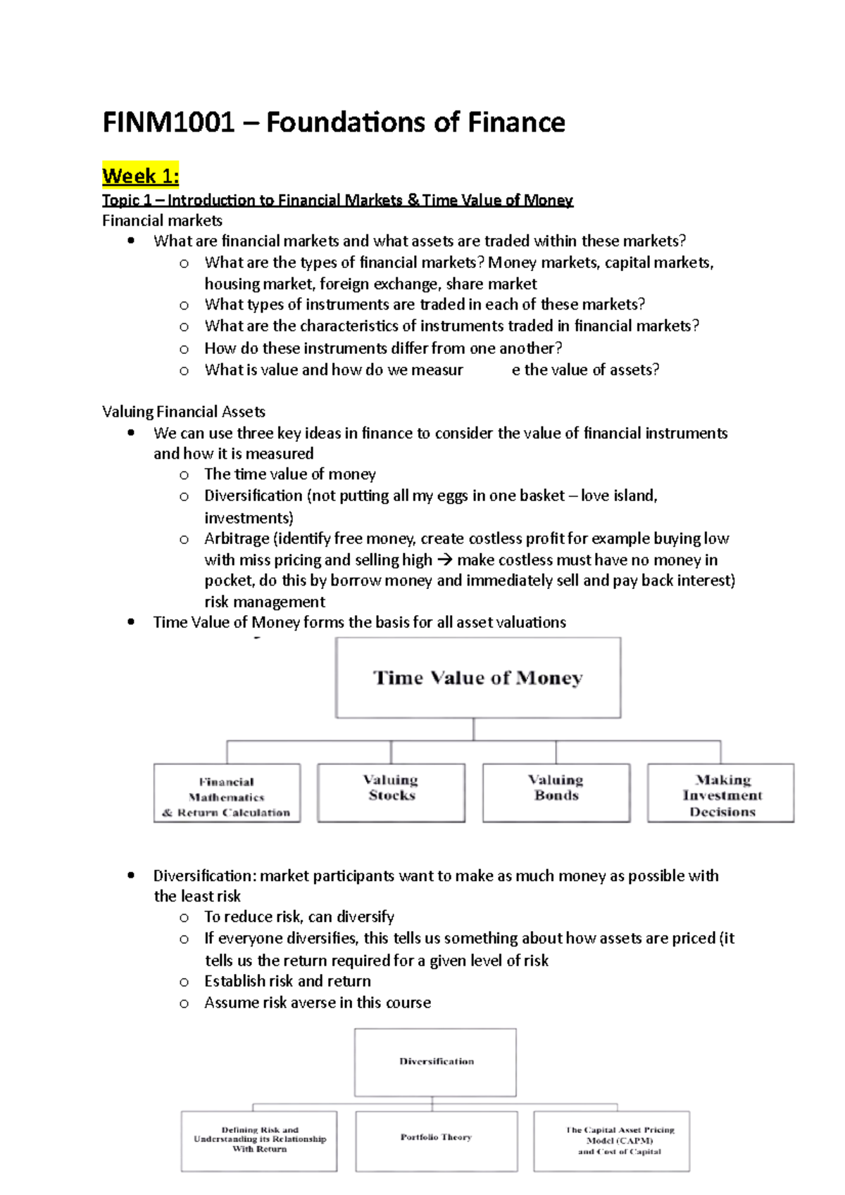 FINM all notes - FINM1001 – Foundations of Finance Week 1: Topic 1 ...