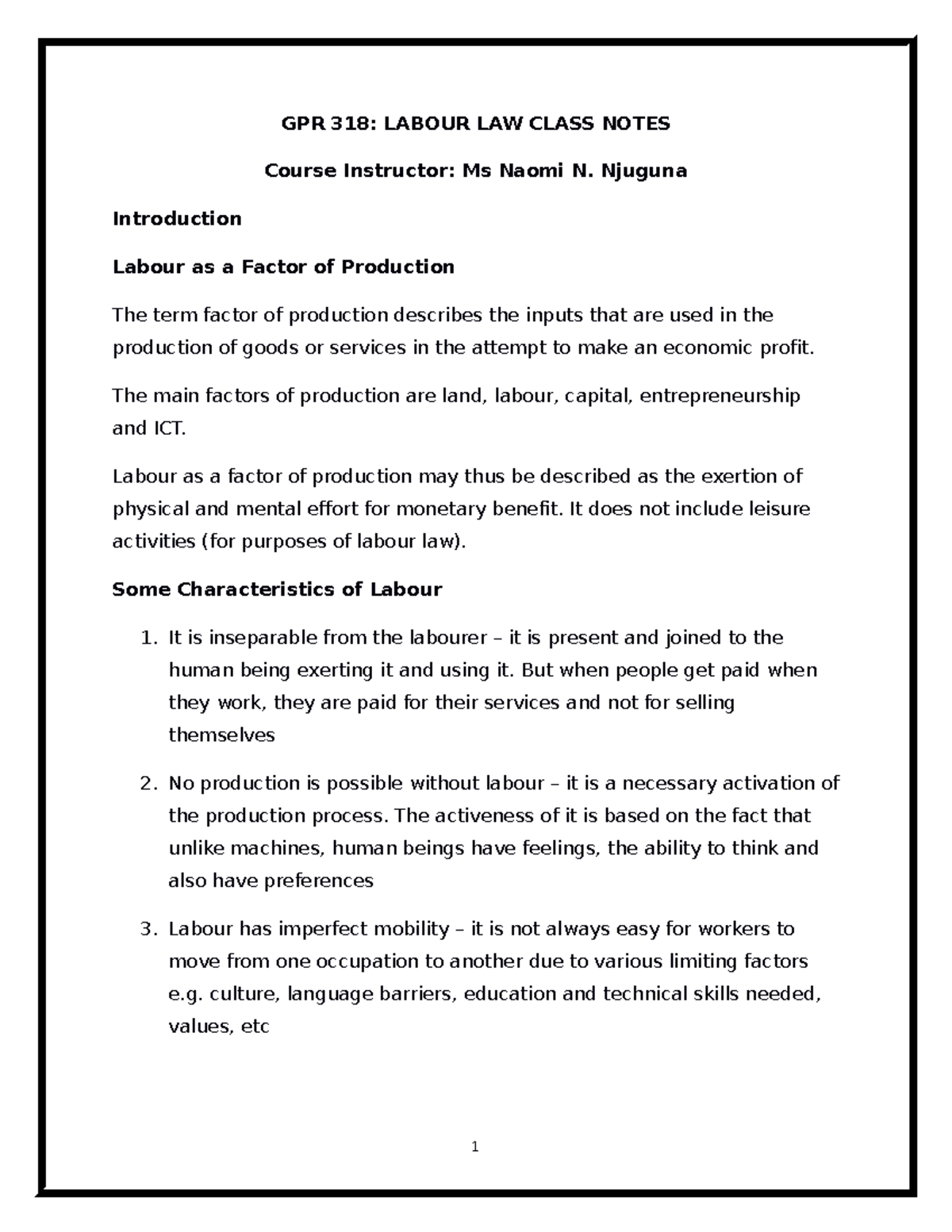GPR 318: Comprehensive Labour Law Class Notes and Key Concepts - Studocu