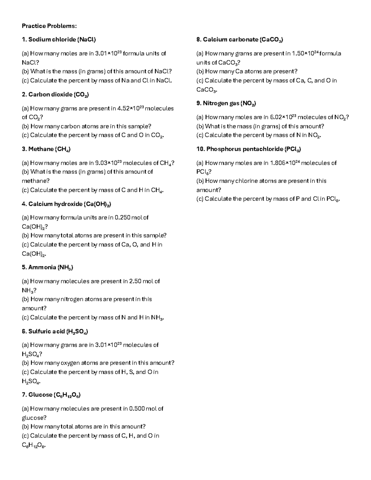 Chapter 3 Practice Problems: Moles and Mass Calculations - Studocu