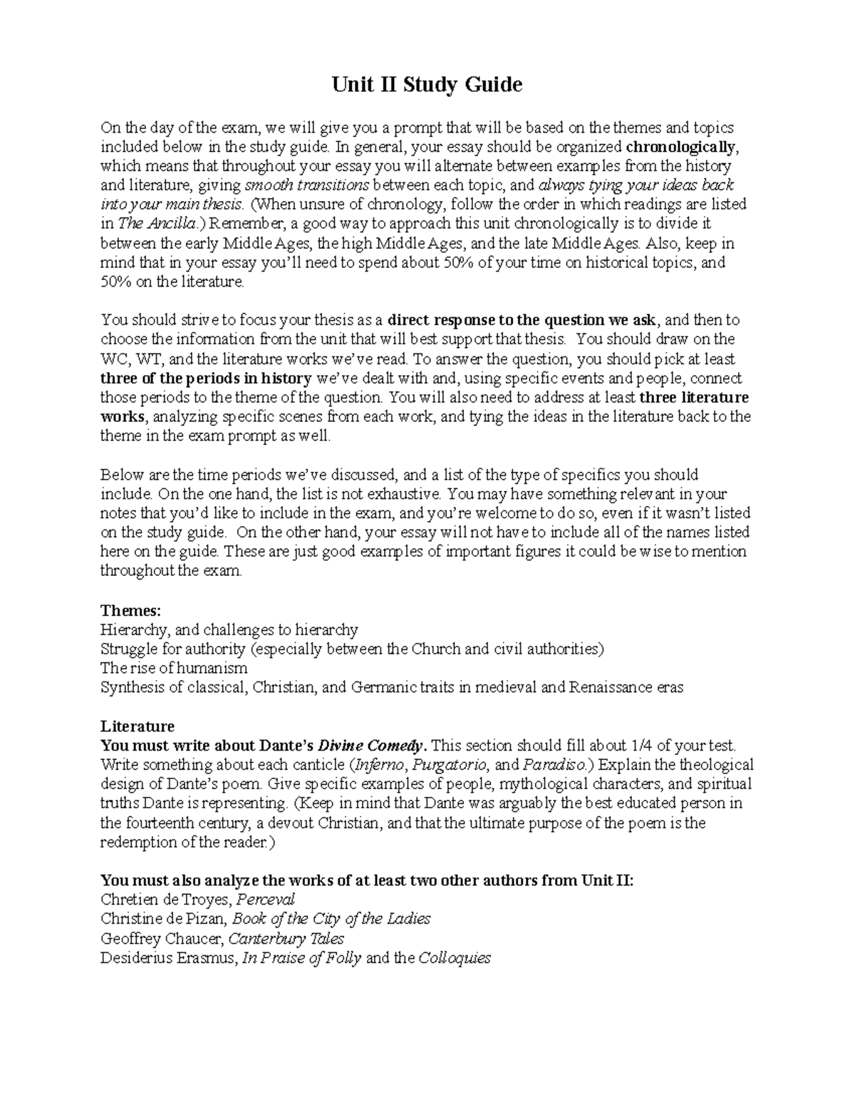 Unit II Study Guide: Medieval & Renaissance Themes Exam Guide - Studocu