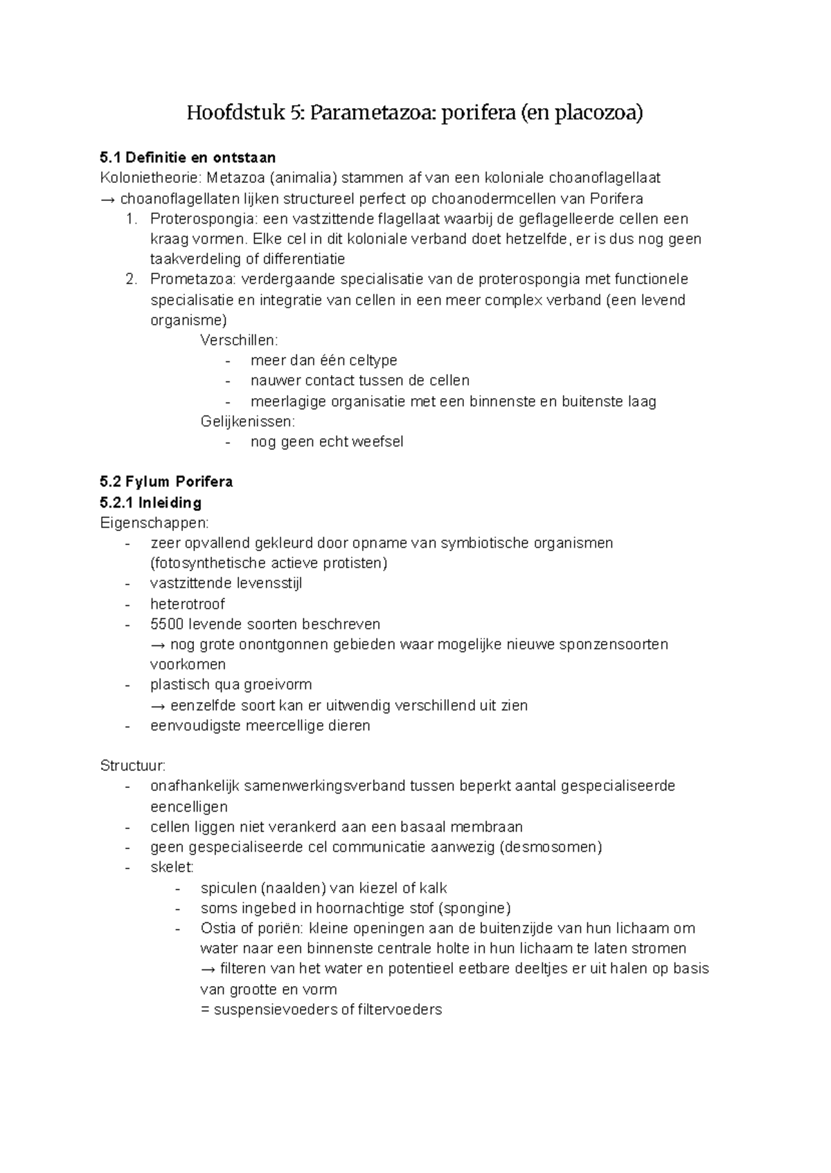 Hoofdstuk 5: Parametazoa en Fylum Porifera - Definitie en Structuur ...