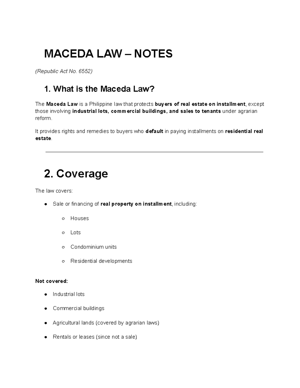 Maceda Law Notes (RA 6552): Buyer Rights & Seller Obligations - Studocu
