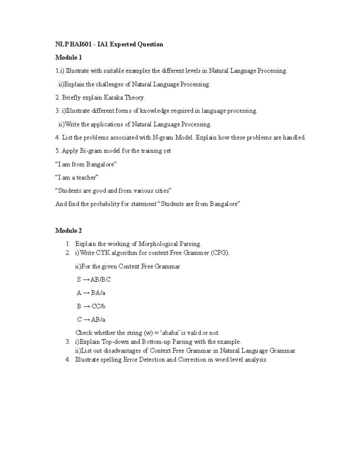 BAI601 NLP Model Question: Levels, Challenges, and Parsing Techniques ...