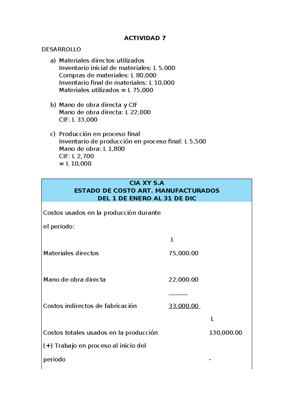 Actividad 7: Análisis de Costos en CIA XY S.A. - Studocu