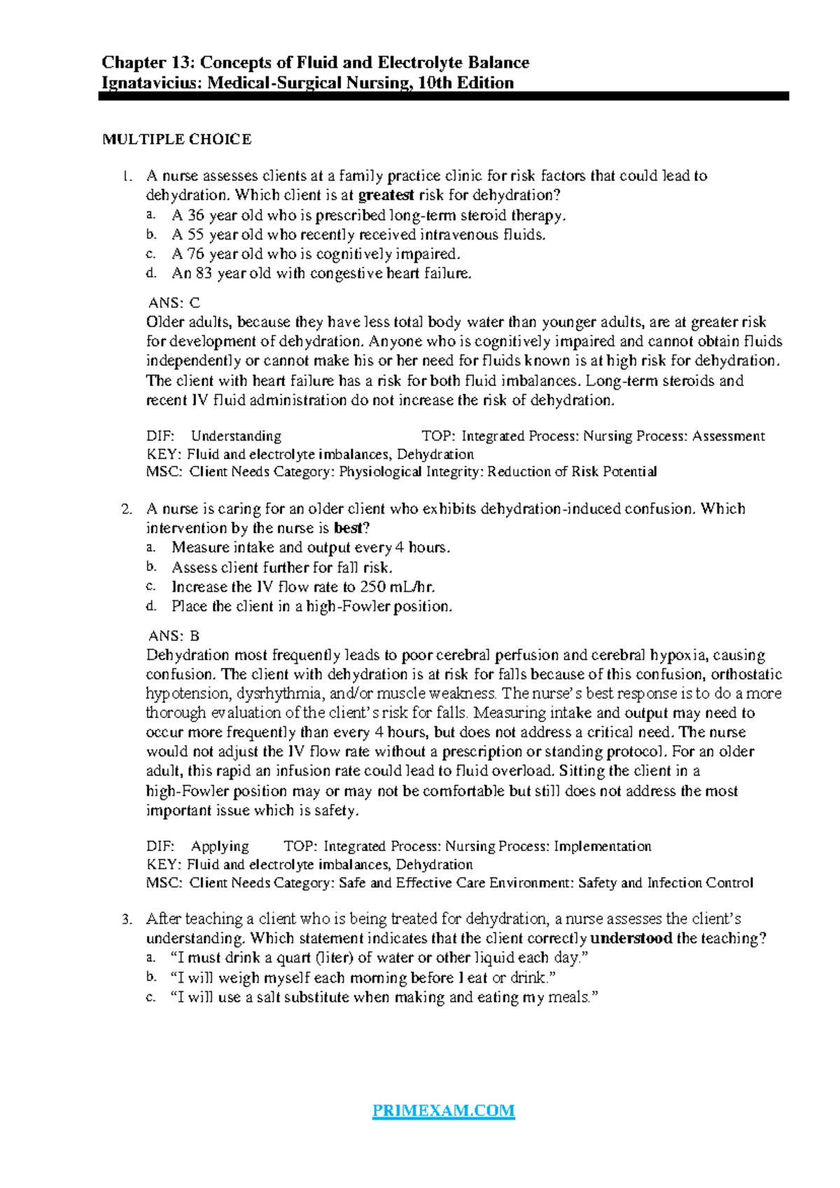 Fluid and Electrolyte Balance Concepts - Nursing MCQ Review (NURS 123 ...