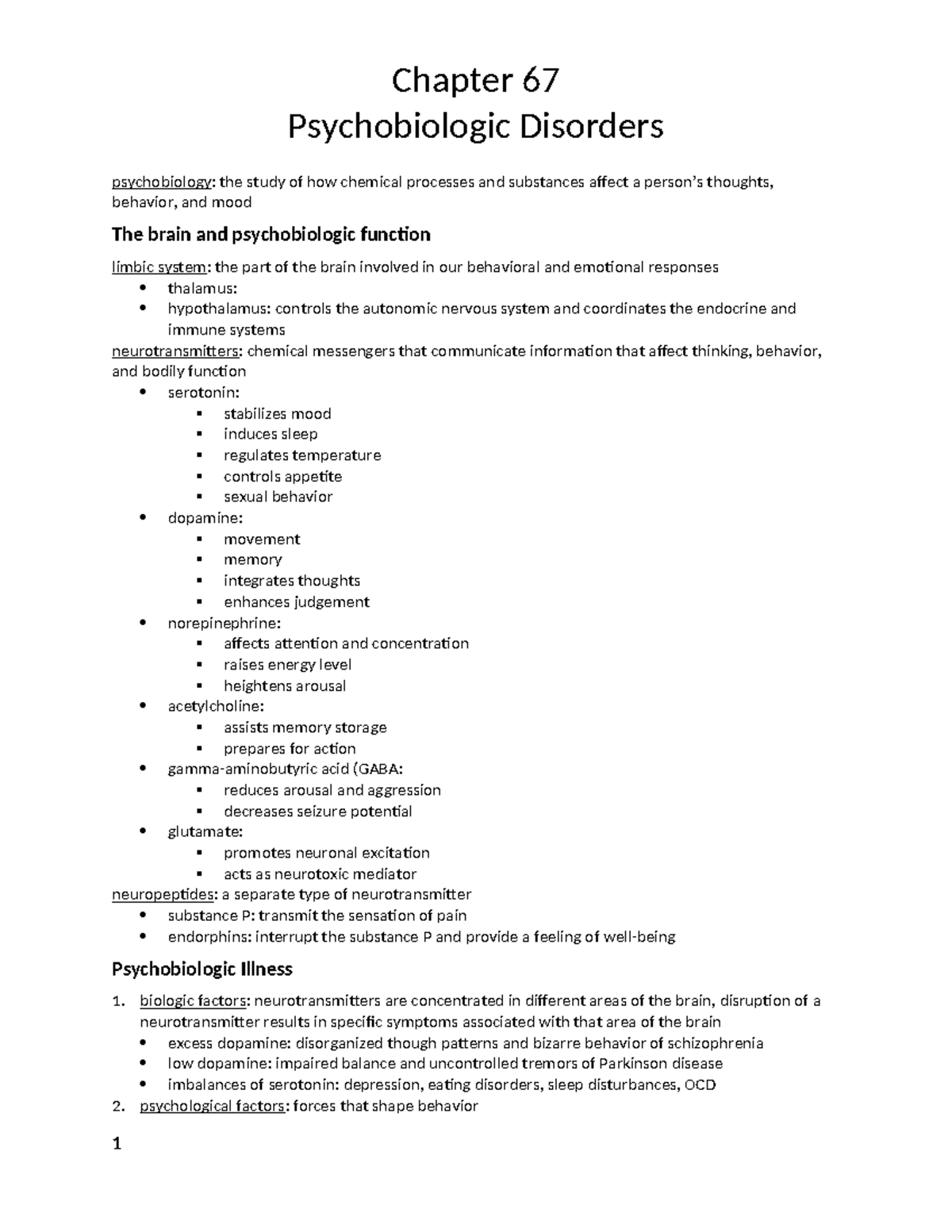 Mental Health Chapter 67 Notes - Chapter 67 Psychobiologic Disorders ...
