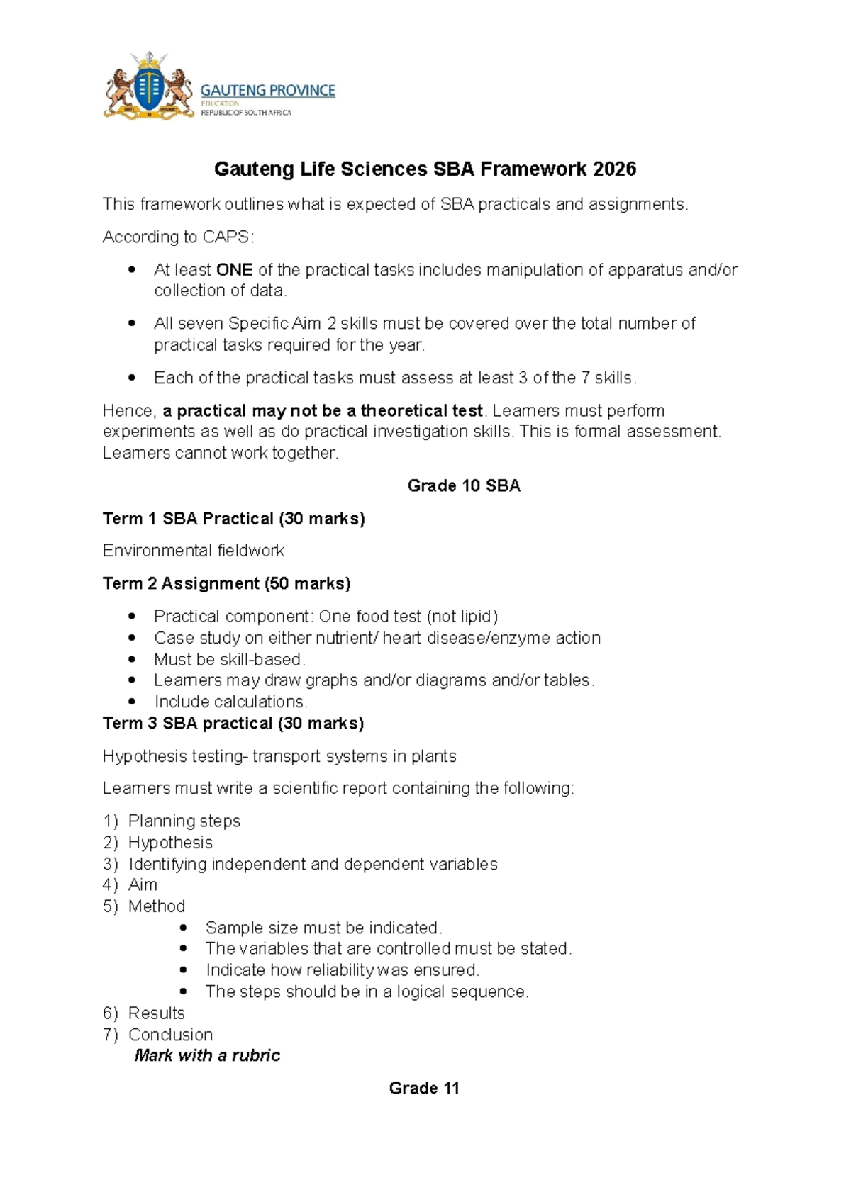 Gauteng Life Sciences SBA Framework 2026: Practical Assessment Guide ...
