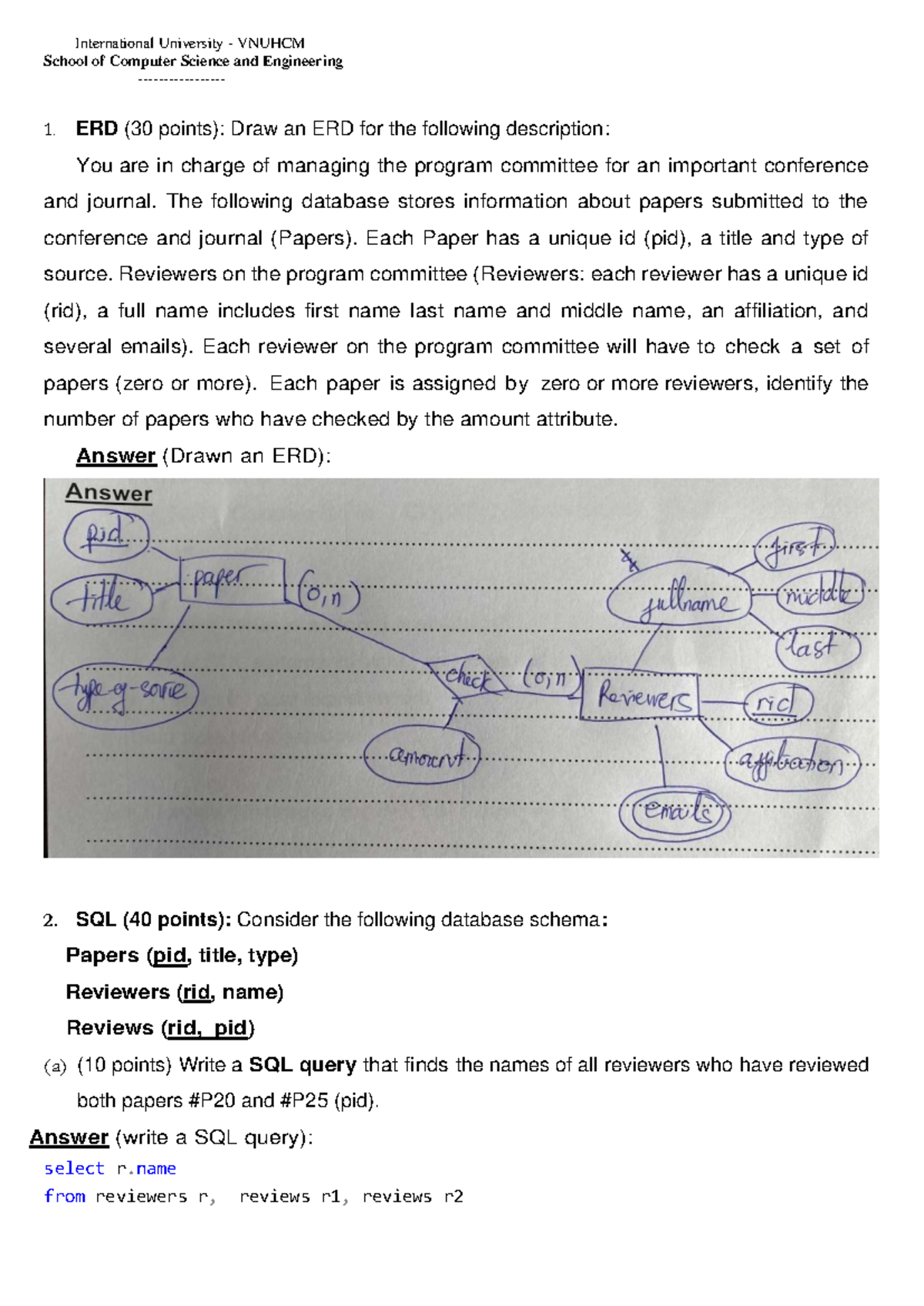 IT079IU Midterm Exam: ERD, SQL Queries & Relational Algebra - Studocu