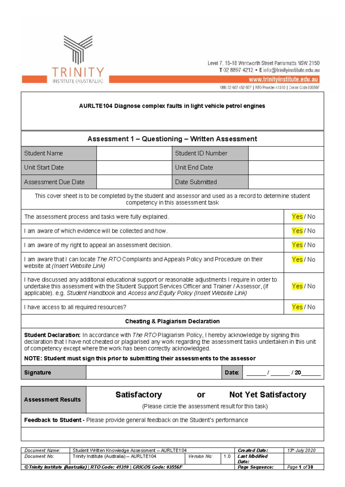 AURLTE104 Written Assessment 1: Knowledge Questions Overview - Studocu