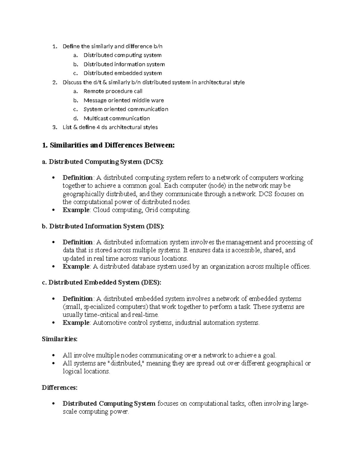 DS Assignment: Similarities & Differences in Distributed Systems - Studocu