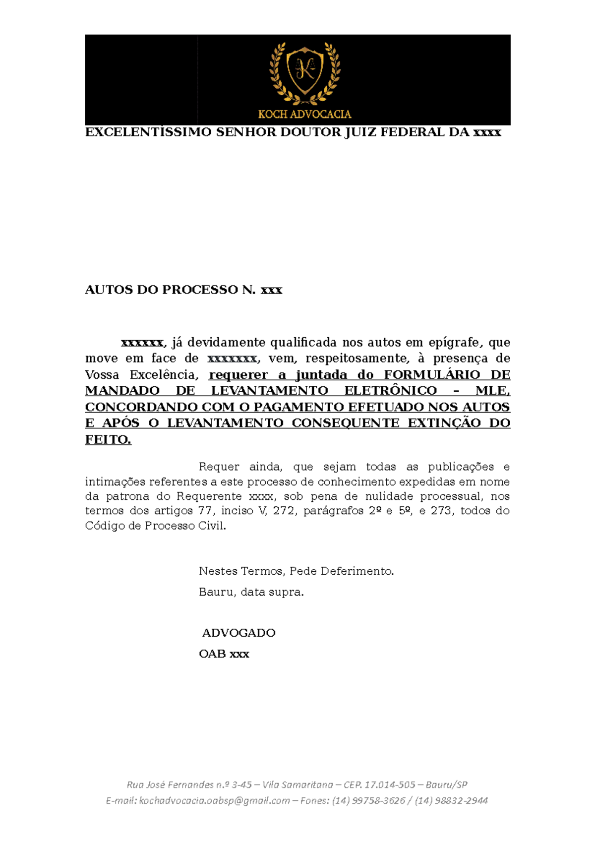 Modelo de Juntada do Mandado de Levantamento Eletrônico (MLE) - Studocu