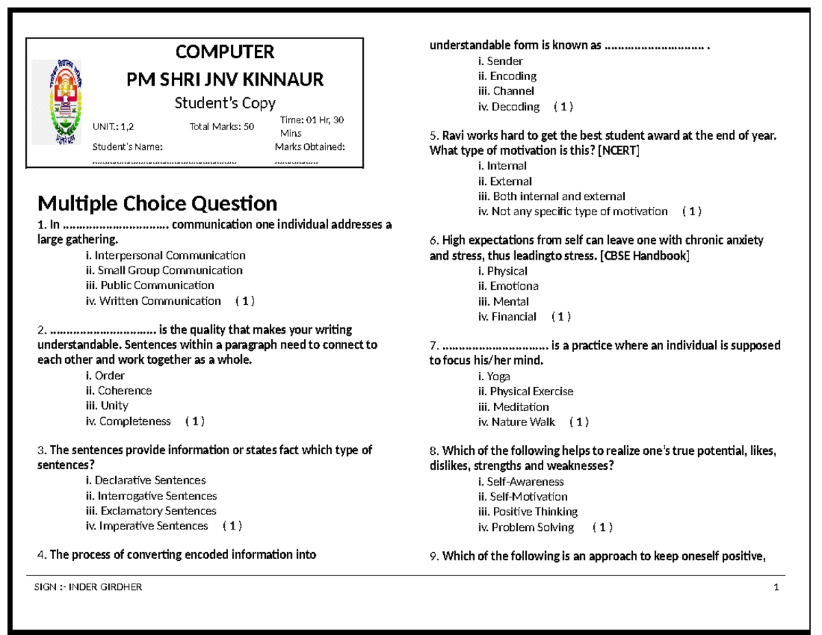 COMPUTER 10 Paper - MCQs & Short Answers for Exam Prep - Studocu