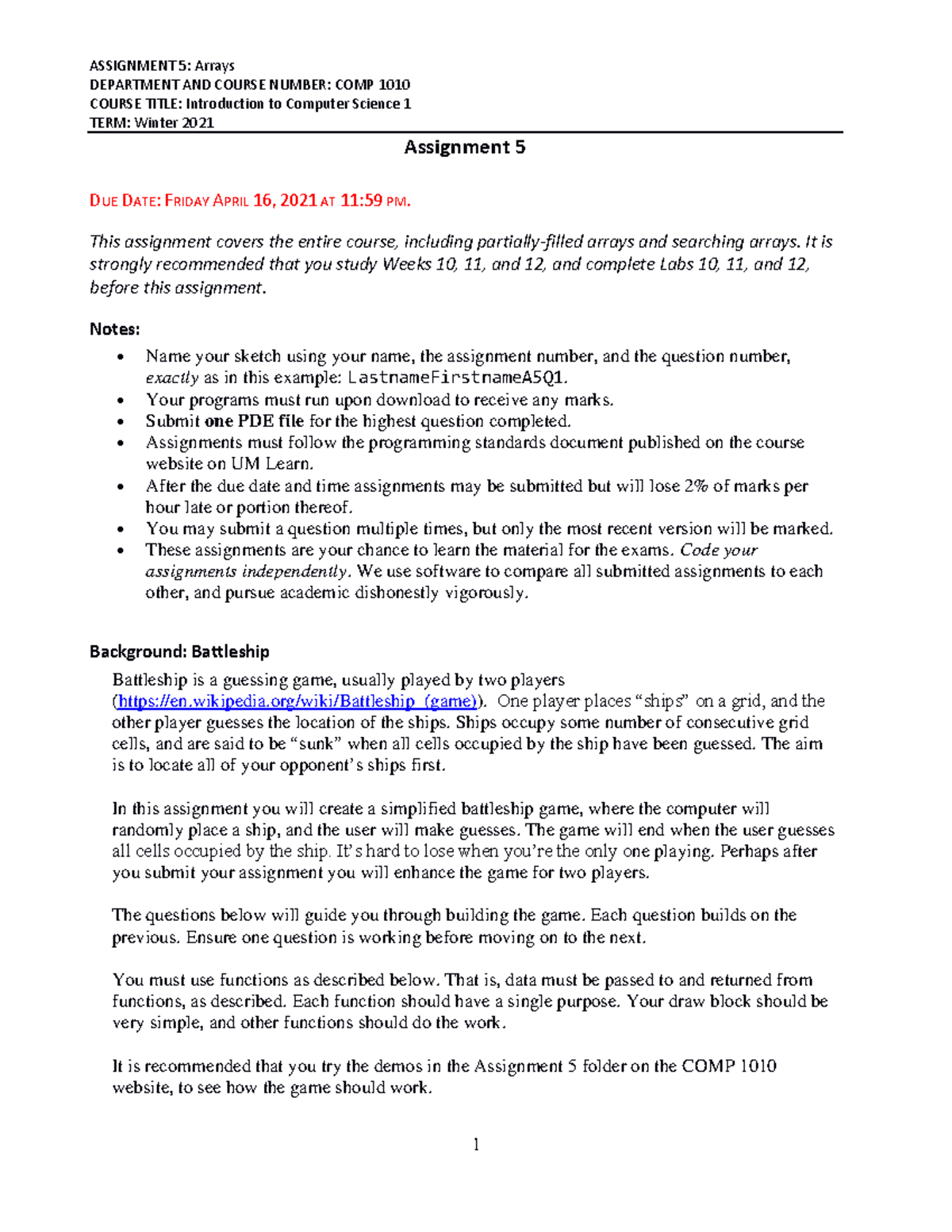 Assignment 5-COMP1010-Winter 2021 - ASSIGNMENT 5: Arrays DEPARTMENT AND ...