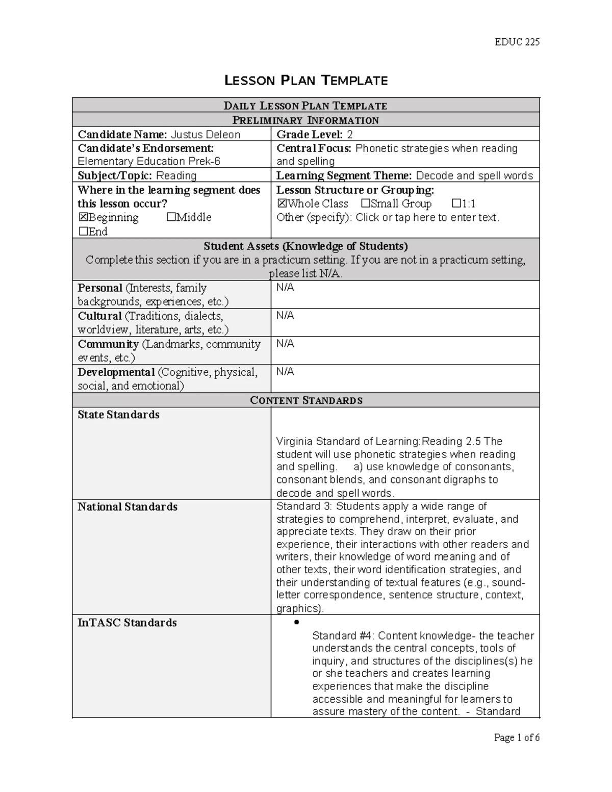 Reflection on Lower Elementary Reading Lesson - EDUC 225 - Studocu