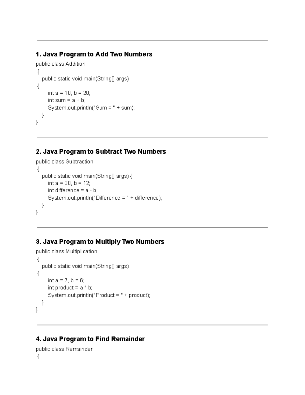 Java Programs for Basic Arithmetic Operations and Geometry - Studocu