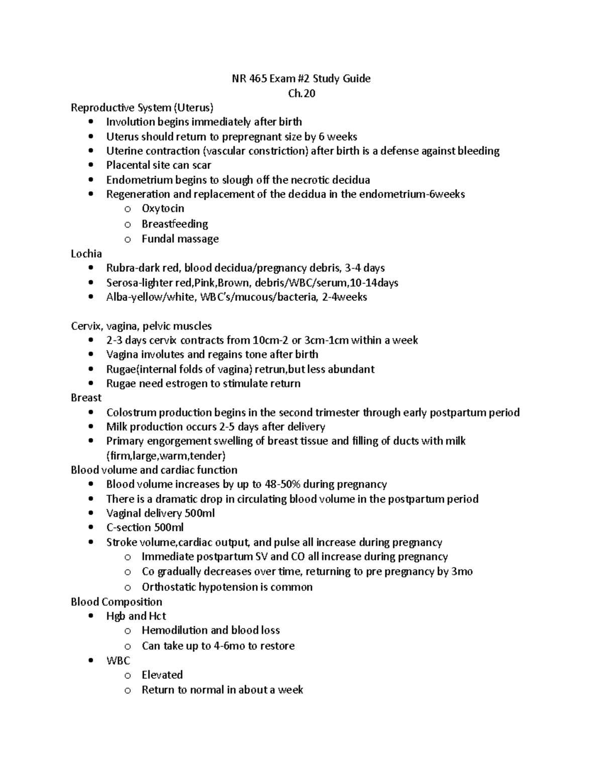 NR 465 Exam #2 Study Guide: Postpartum Changes and Newborn Care - Studocu